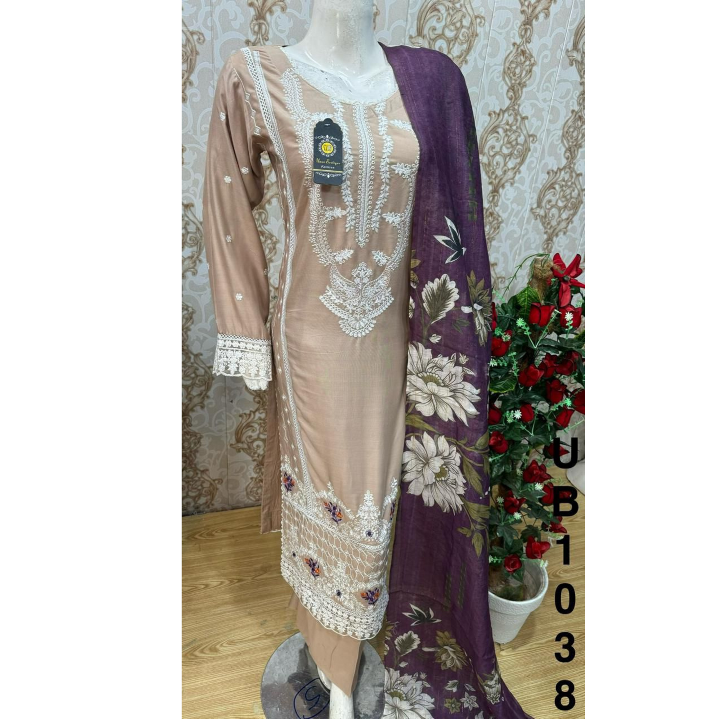 3 Pc Embroidered Linen Dress With Cotton Silk Printed Dupatta By UB
