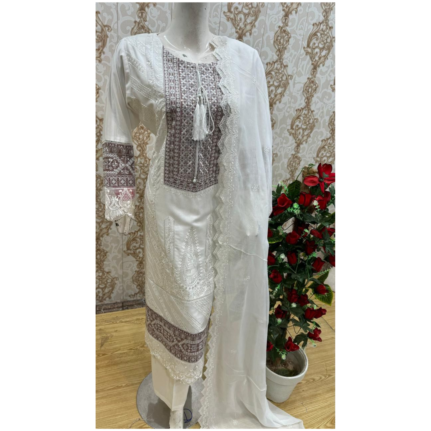 3 Pc Embroidered Linen Dress With Embroidered Chiffon Dupatta By UB