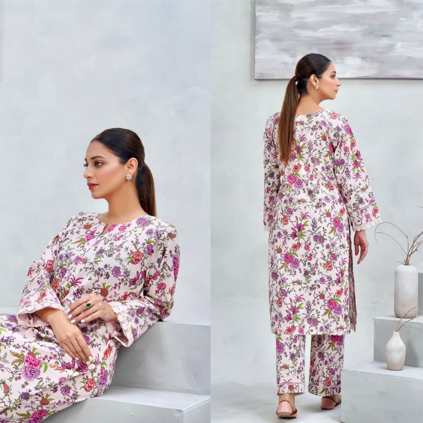 Pale Pink 2 Pc floral Printed Khaddar Pakistani Co-Ords Set | Ready to wear| Hayats