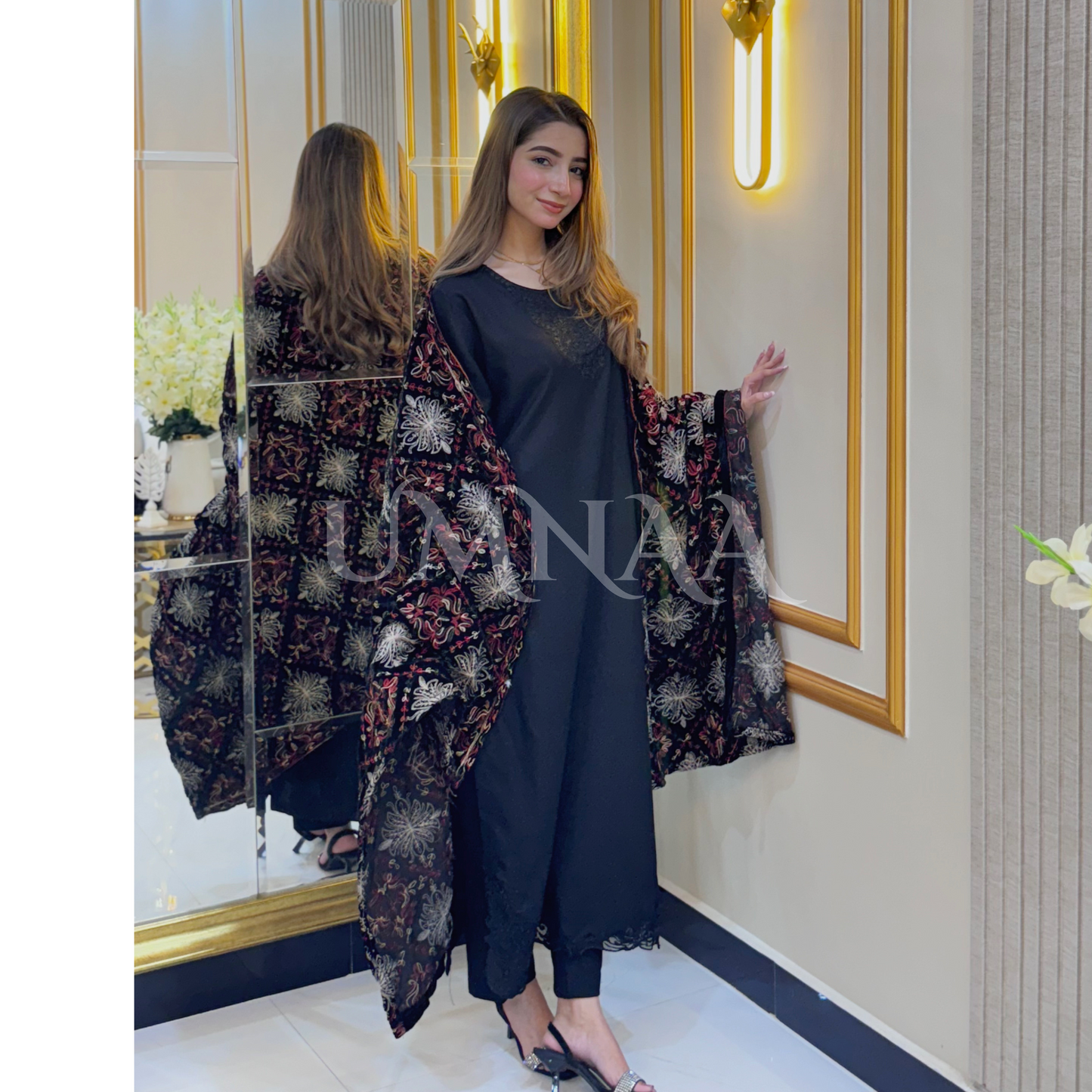 UA-32 Dhanak Dress Embroidered Velvet Shawl 3 Pc | Ready to wear | UMNAA