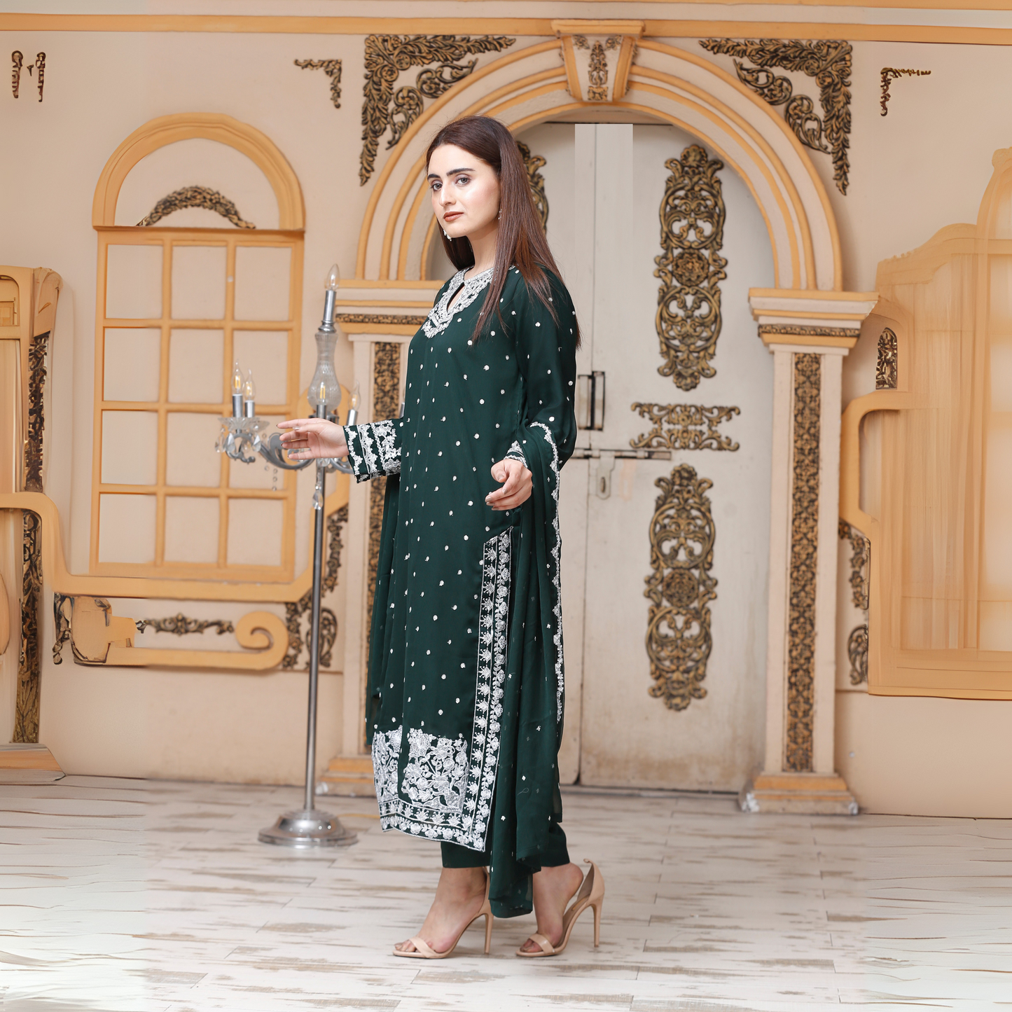 UA-54 3Pc Luxury Embroidered Chiffon Dress with Chiffon Dupatta 3 Pc |Ready to Wear| Umnaa
