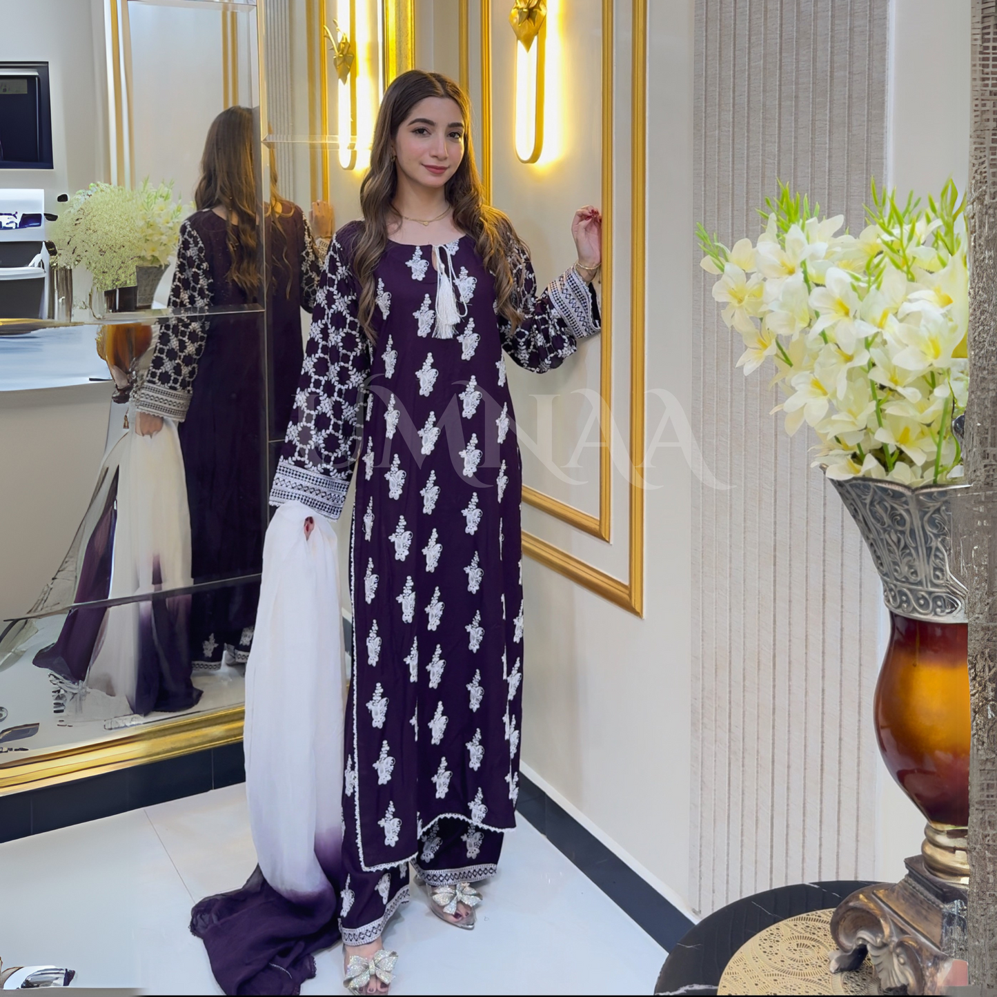 UA-57 3 Pc Luxury mother daughter Embroidered Linen Collection- Umnaa