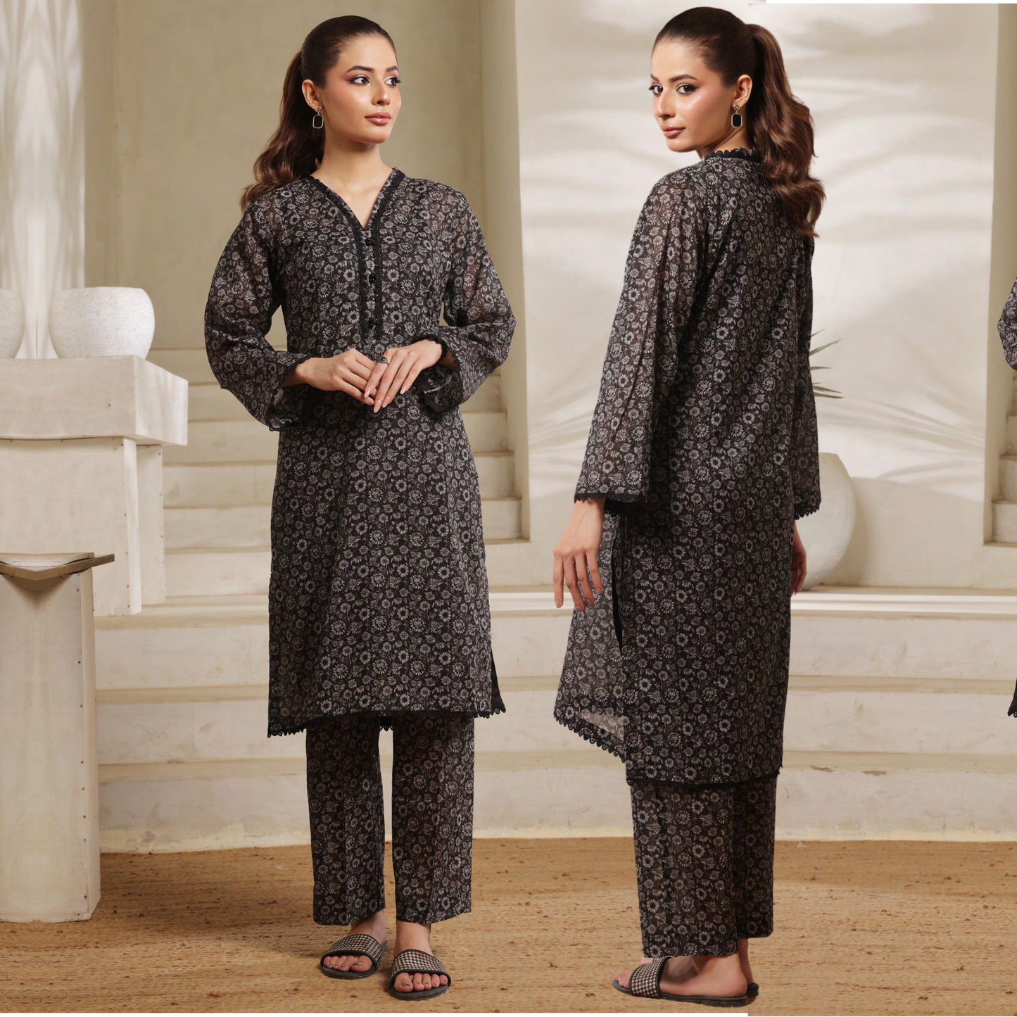 2 Pc Printed Lawn Monochrome Co-Ords Dress - Saphron