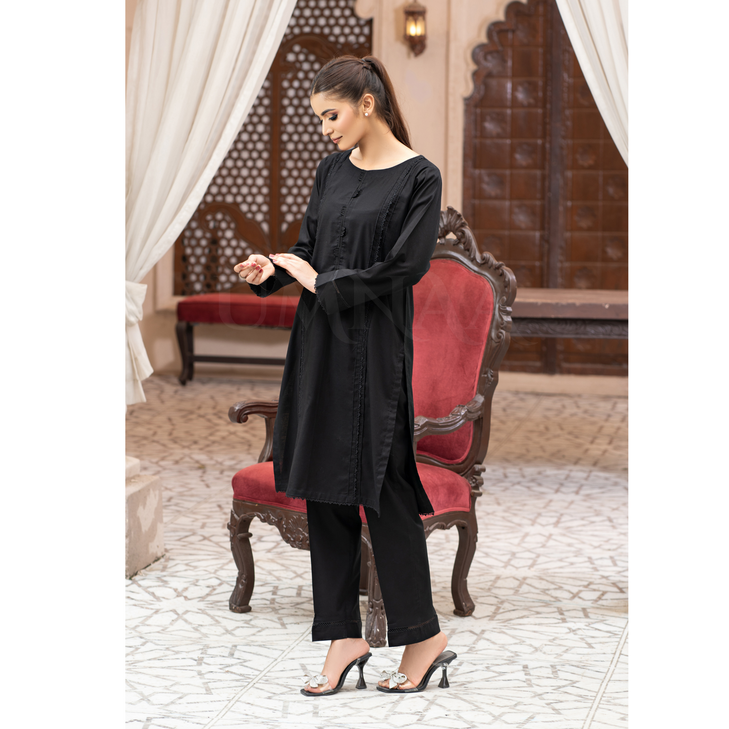 UA-96 (Black) 2 Pc Cotton Lawn Dress | Ready to Wear Collection | Umnaa