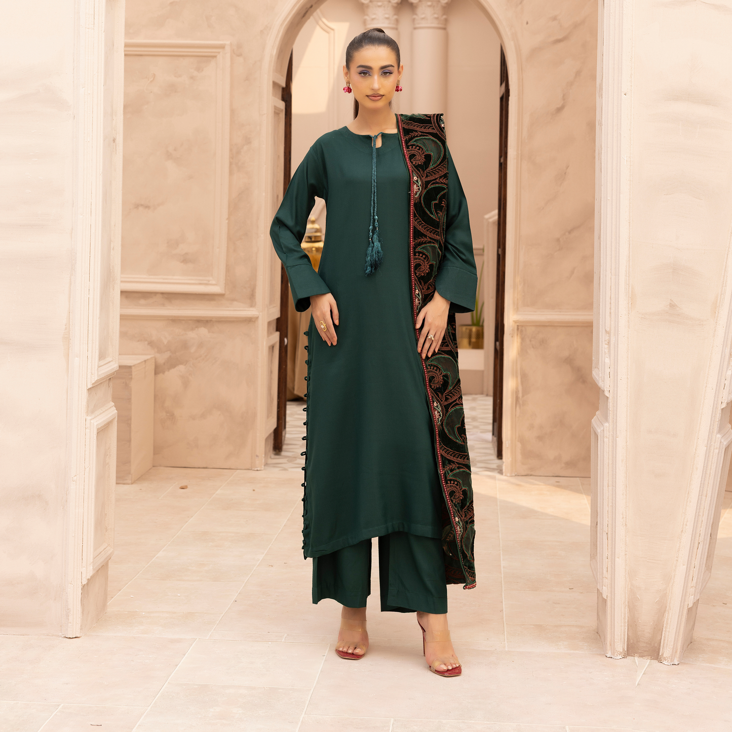 UMS-37 Hanna by Simrans Embroidered Dhanak Dress with Winter Laser Cut Shawl | Ready to Wear | Asian Clothes