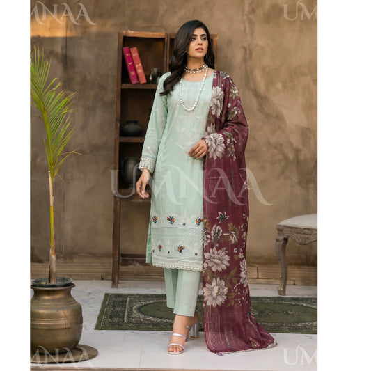 UB-03 3 Pc Embroidered Linen Dress With Cotton Silk Printed Dupatta By UB