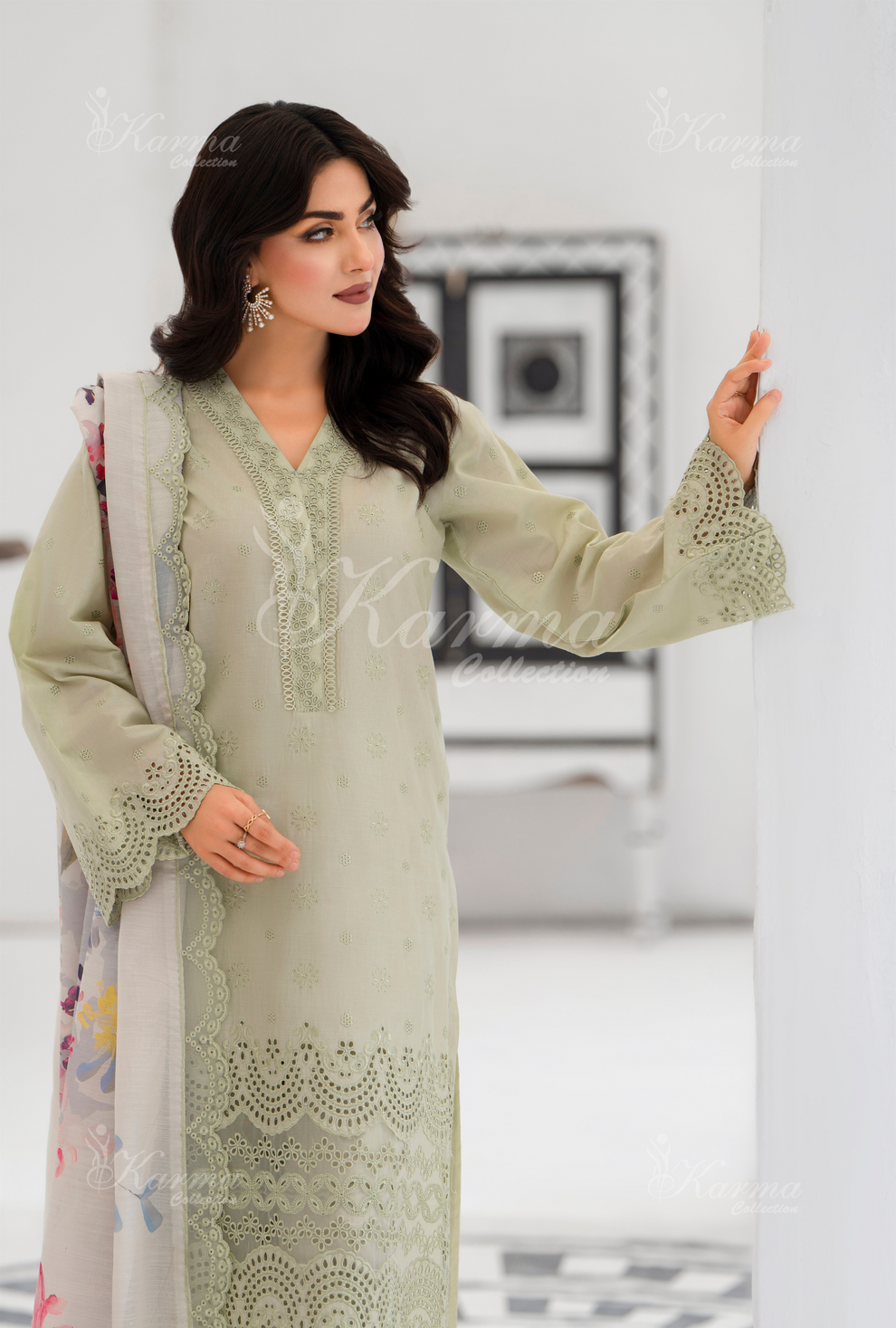 KC- 1386 | Greyish Green | 3 Pc | Chikenkari Cotton Lawn | Karma Collection
