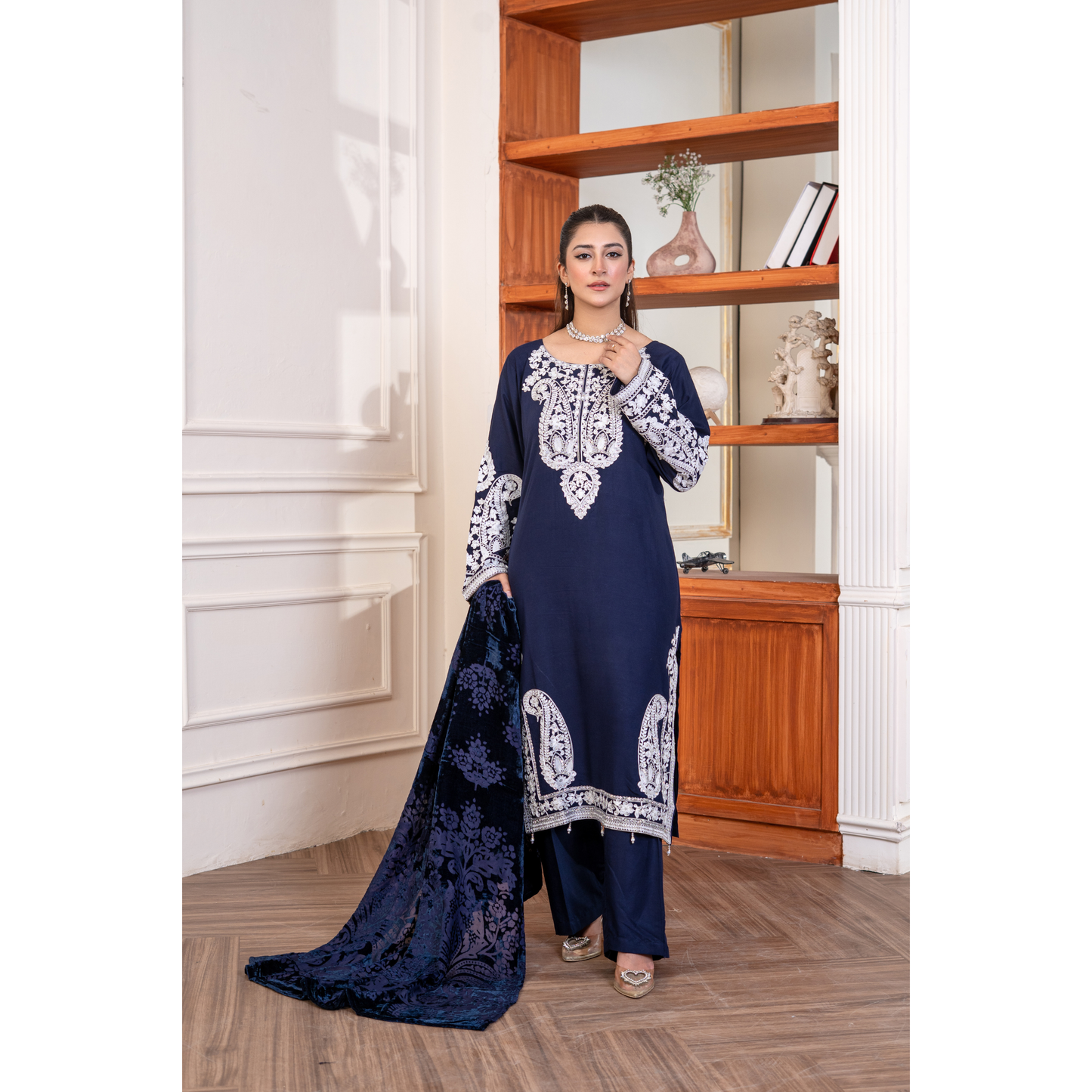 UA-130 Winter Linen dress with Velvet Shawl Collection by Umnaa