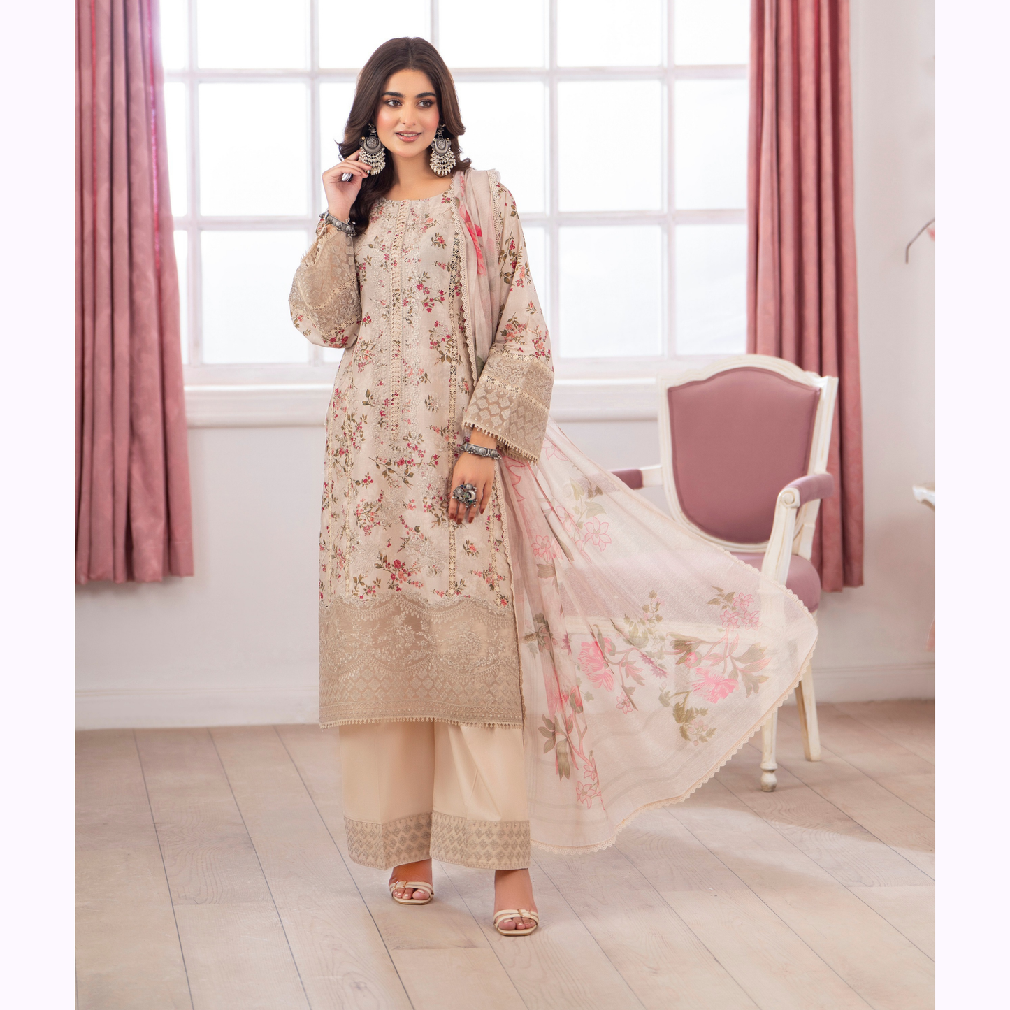 3 Pc Printed Floral Embroidered Trendy farshi Shalwar Collection karma collection