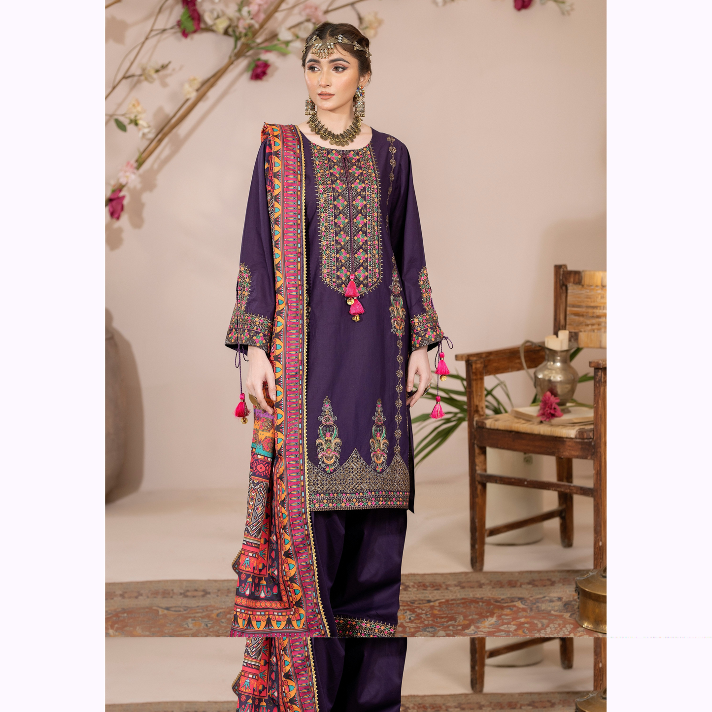 UKC-31 Embroidered Cambric Cotton Dress Ready to Wear 3 Pc - Karma Collection