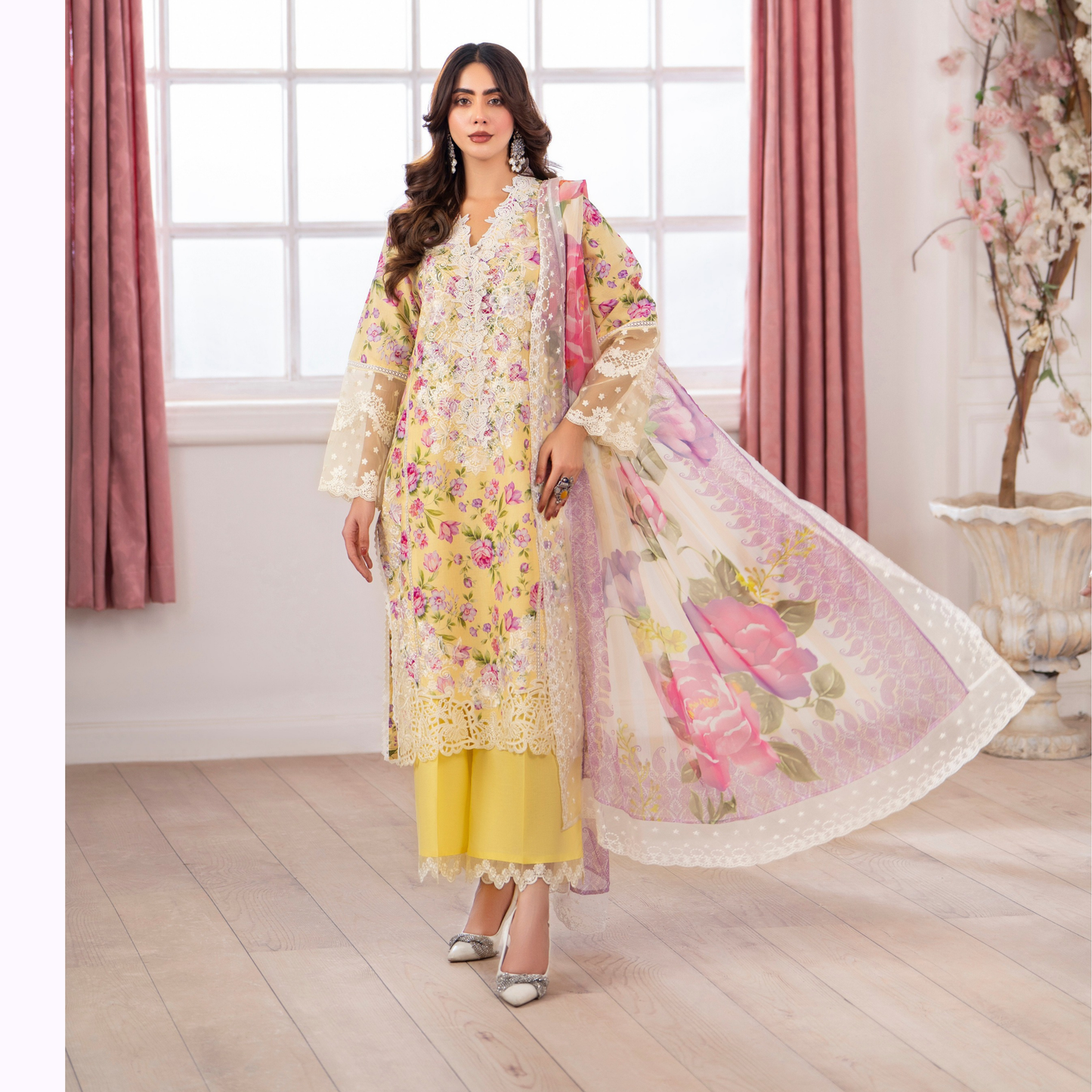 3 Pc Printed Floral Embroidered Trendy farshi Shalwar Collection karma collection
