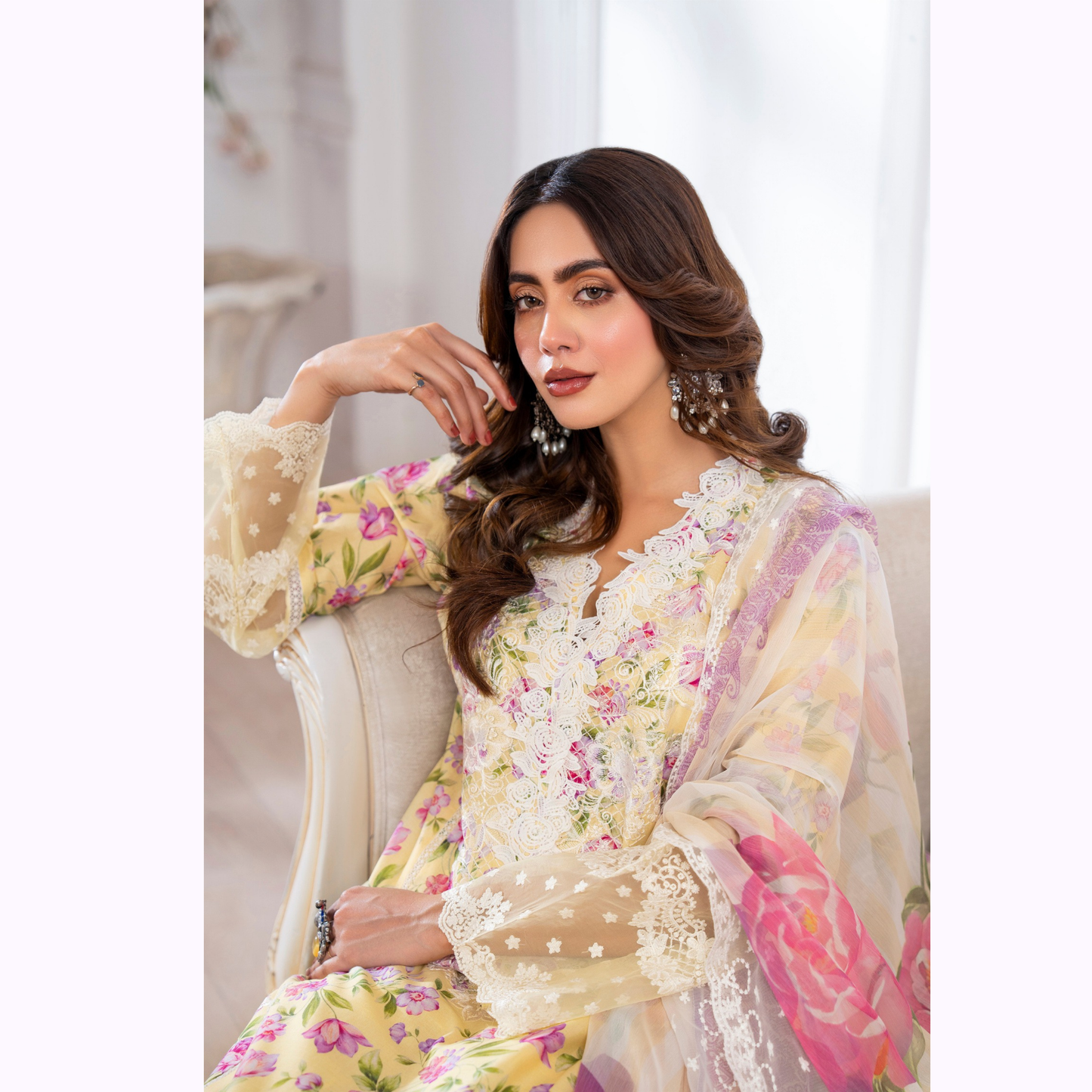 3 Pc Printed Floral Embroidered Trendy farshi Shalwar Collection karma collection