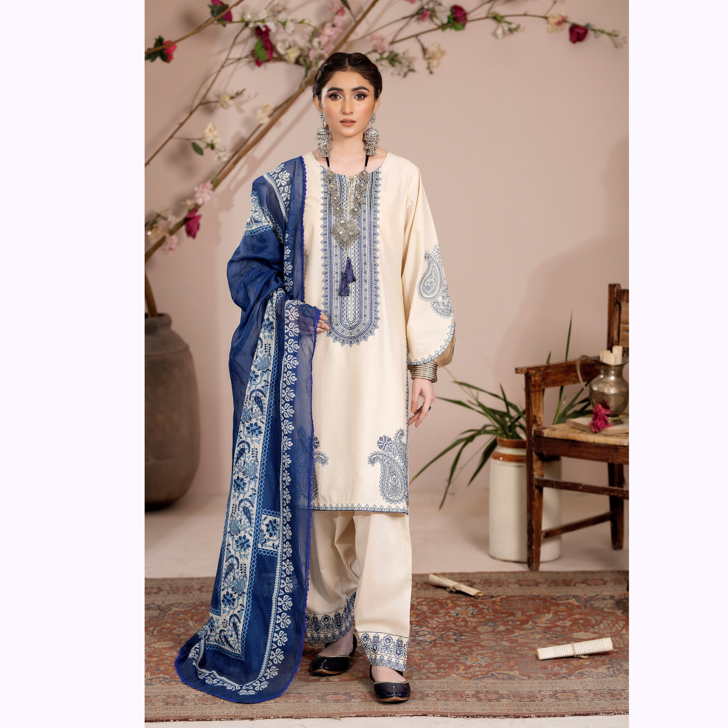 UKC-33 Embroidered Cambric Cotton Dress Ready to Wear 3 Pc - Karma Collection