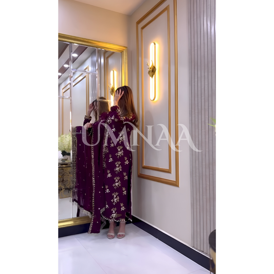 UA-26 3 Piece Embroidered Chiffon Party wear Pakistani Dress | Umnaa