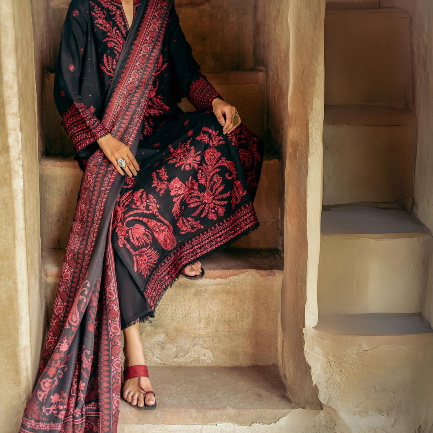 (Black) Embroidered Cotton 3 Pc Ready to Wear by Casuallite