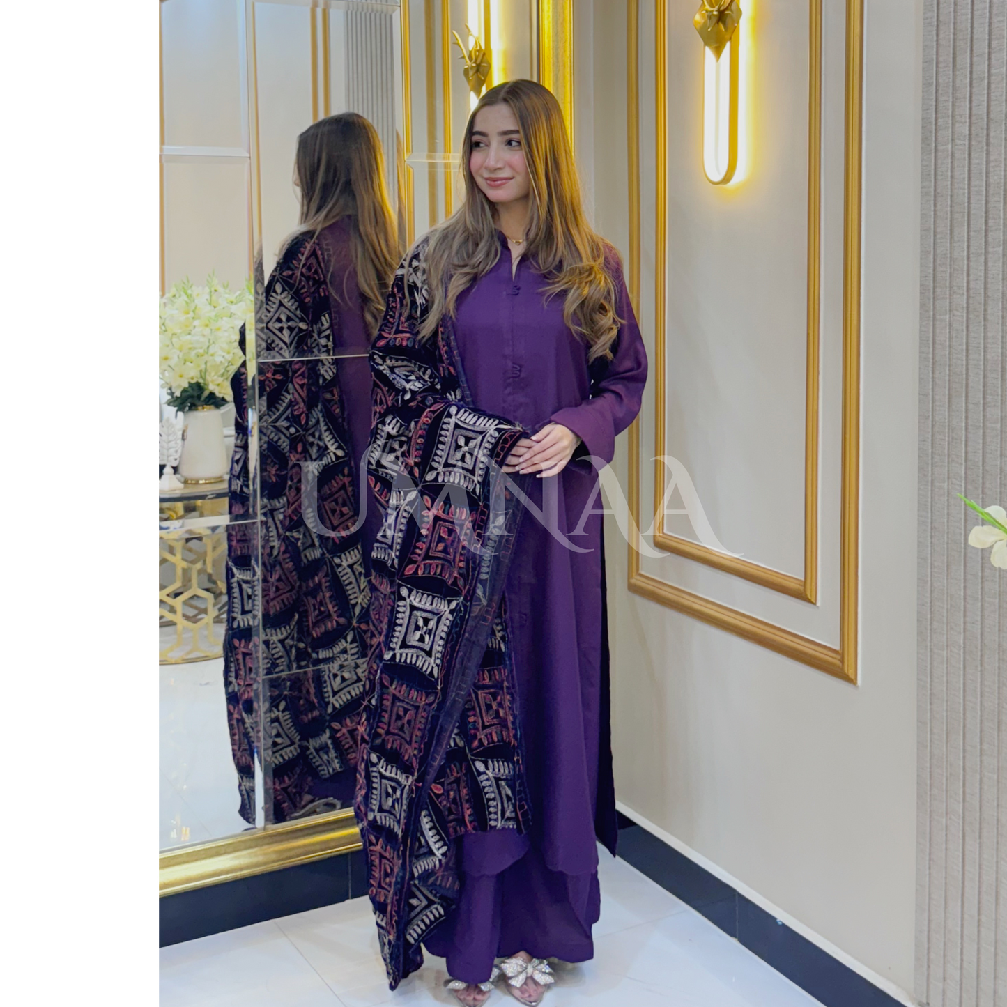 UA-32 Dhanak Dress Embroidered Velvet Shawl 3 Pc | Ready to wear | UMNAA