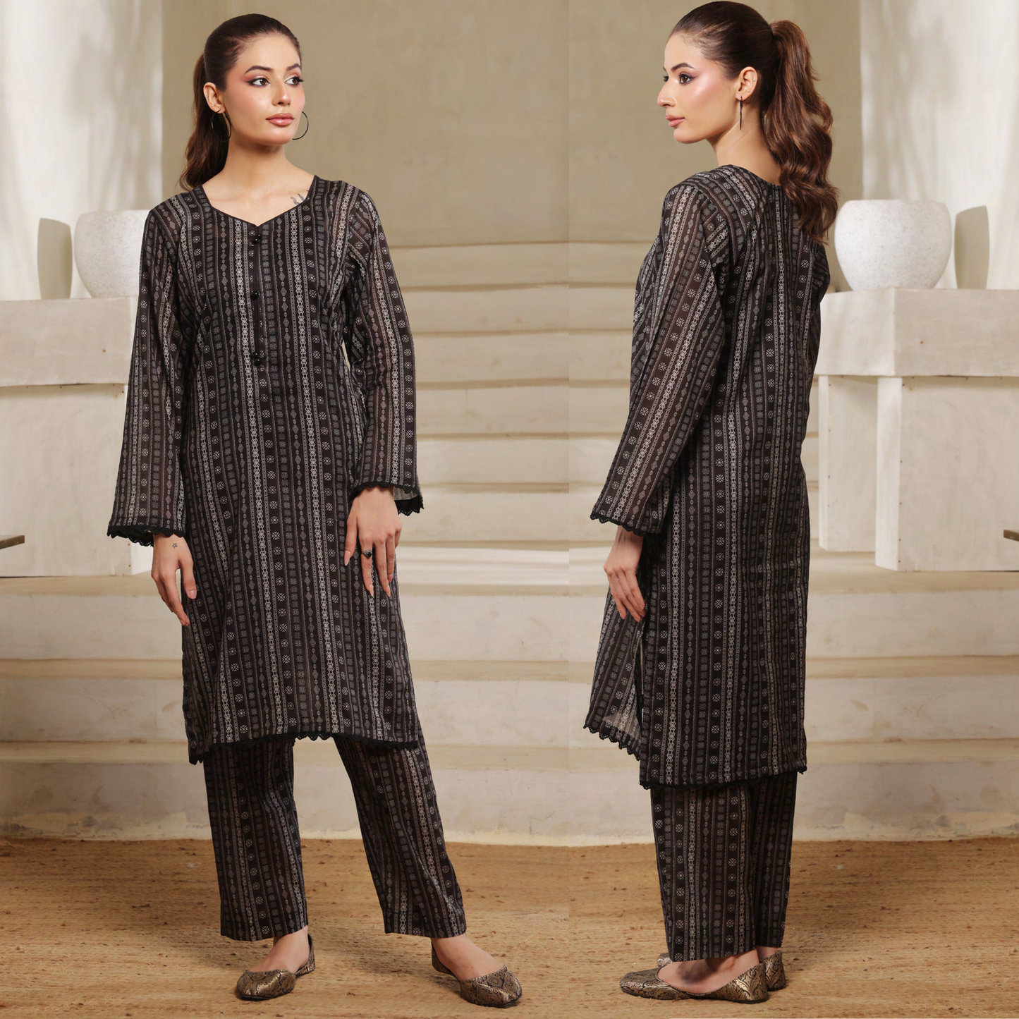 2 Pc Printed Lawn Monochrome Co-Ords Dress - Saphron