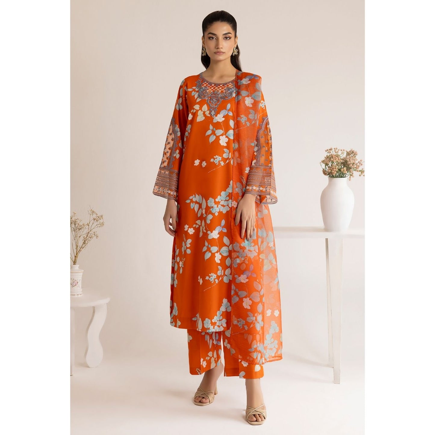 (Orange) 3 Piece "Dastaan" Embroidered Lawn Dress - Esra Fashion