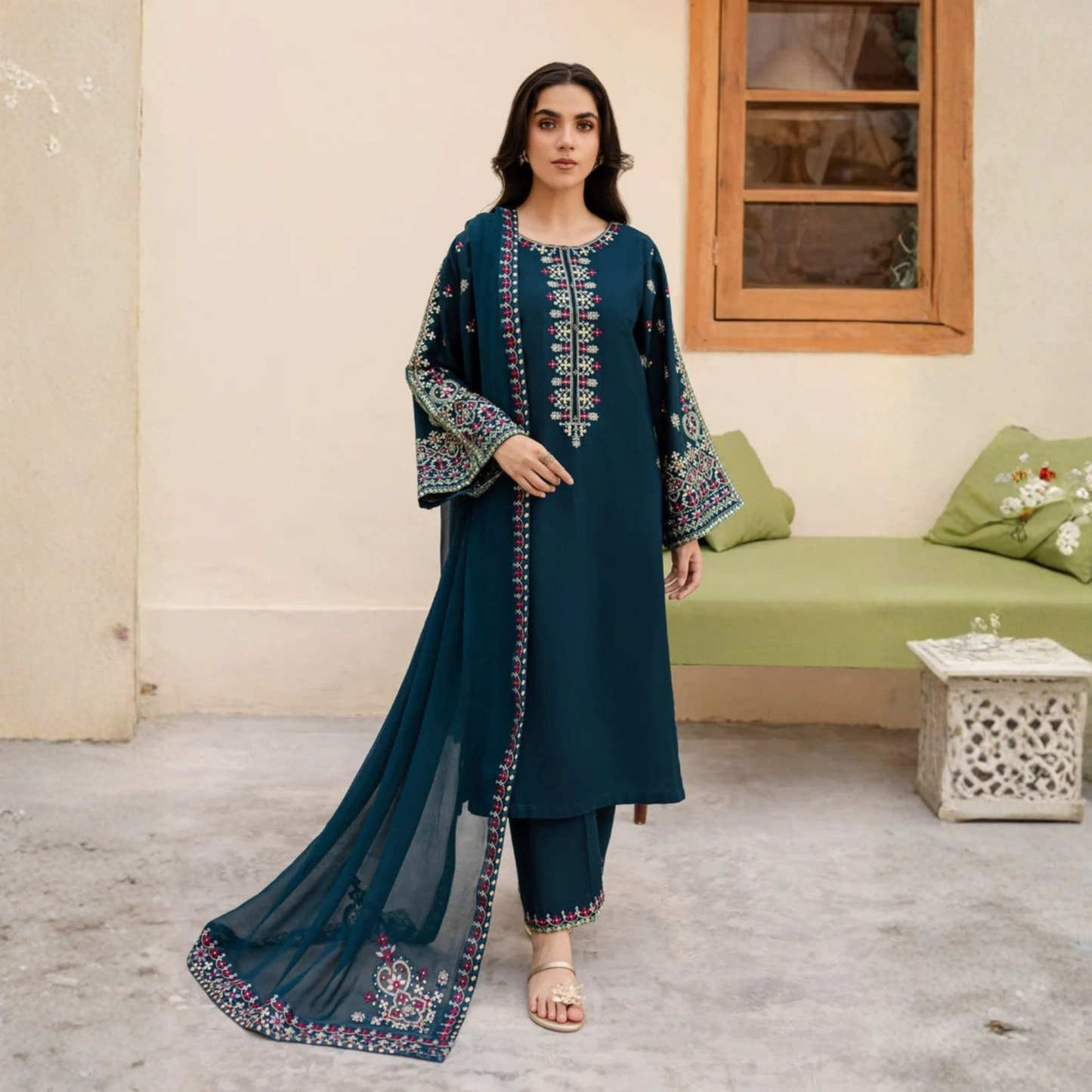 USP-02 Embroidered Chambray Katan 3 Pc Collection by Sha Posh