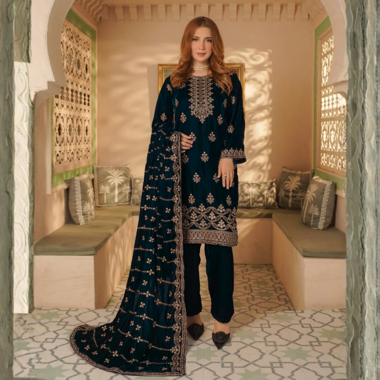 UA-127 Luxury Embroidered Velvet Collection Pakistani Festive Partywear Dress by Umnaa