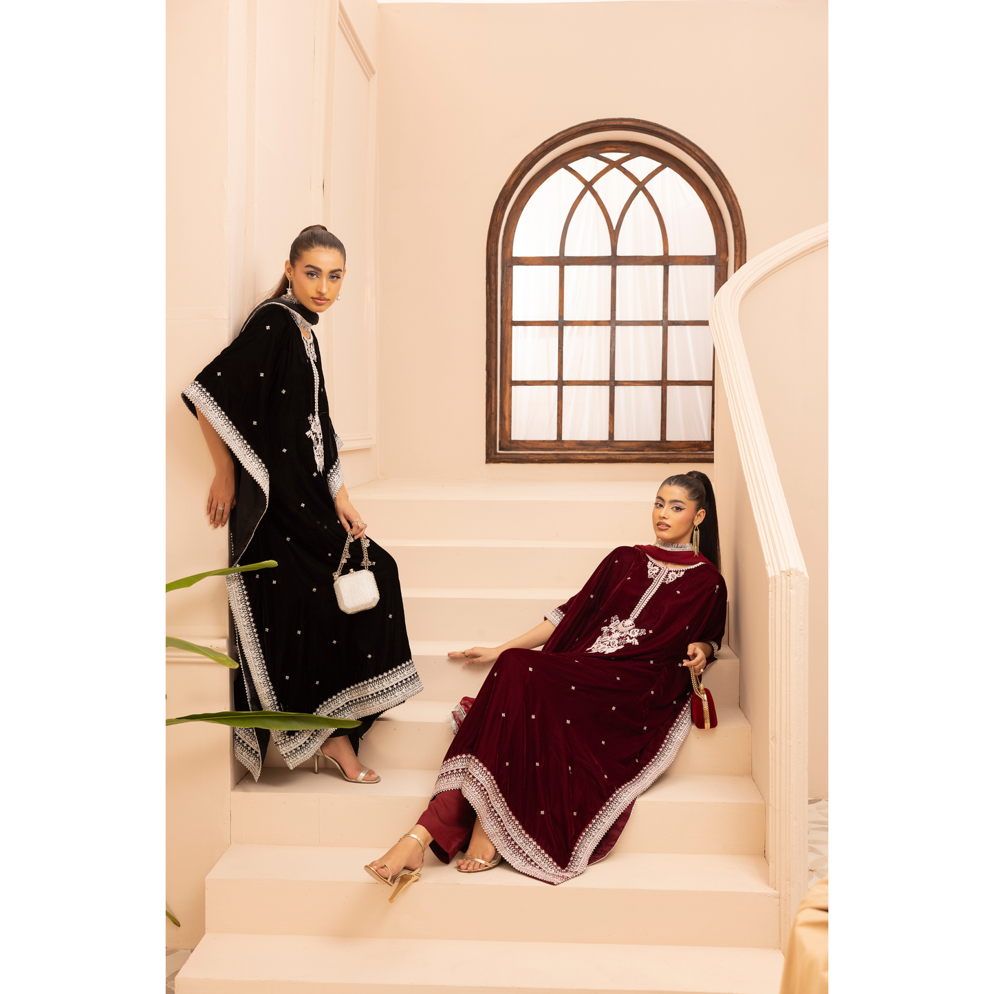 UMS-39 Zayna by Simrans Velvet Kaftan Embroidered 3 Pc Collection Asian Clothes | Modest Wear