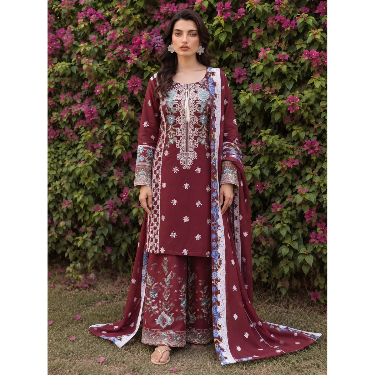 UA-310 Embroidered Dhanak Farshi Shalwar 3 Pc | Umnaa
