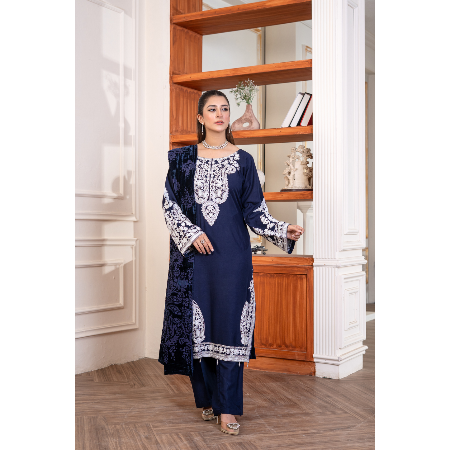 UA-130 Winter Linen dress with Velvet Shawl Collection by Umnaa