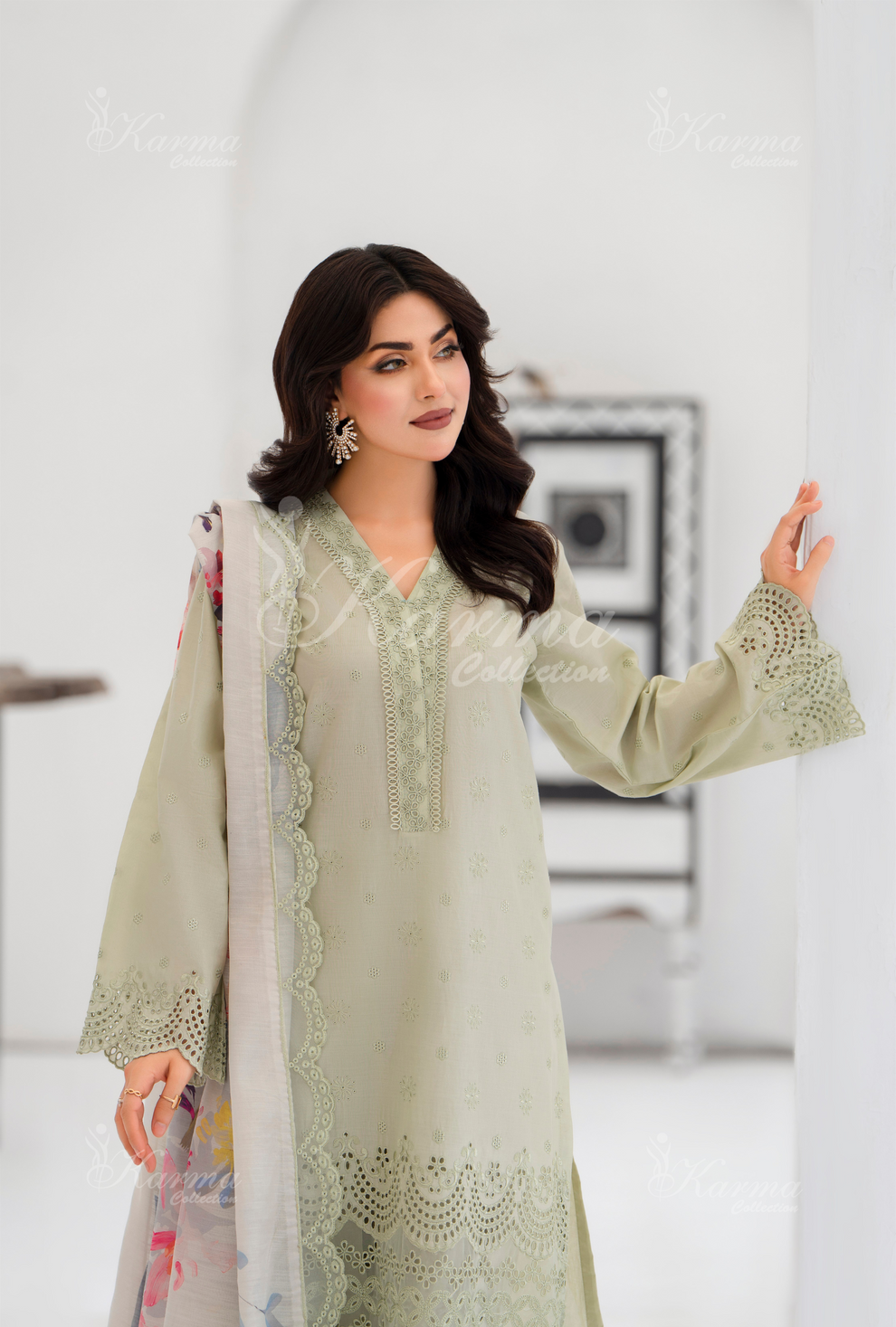 KC- 1386 | Greyish Green | 3 Pc | Chikenkari Cotton Lawn | Karma Collection