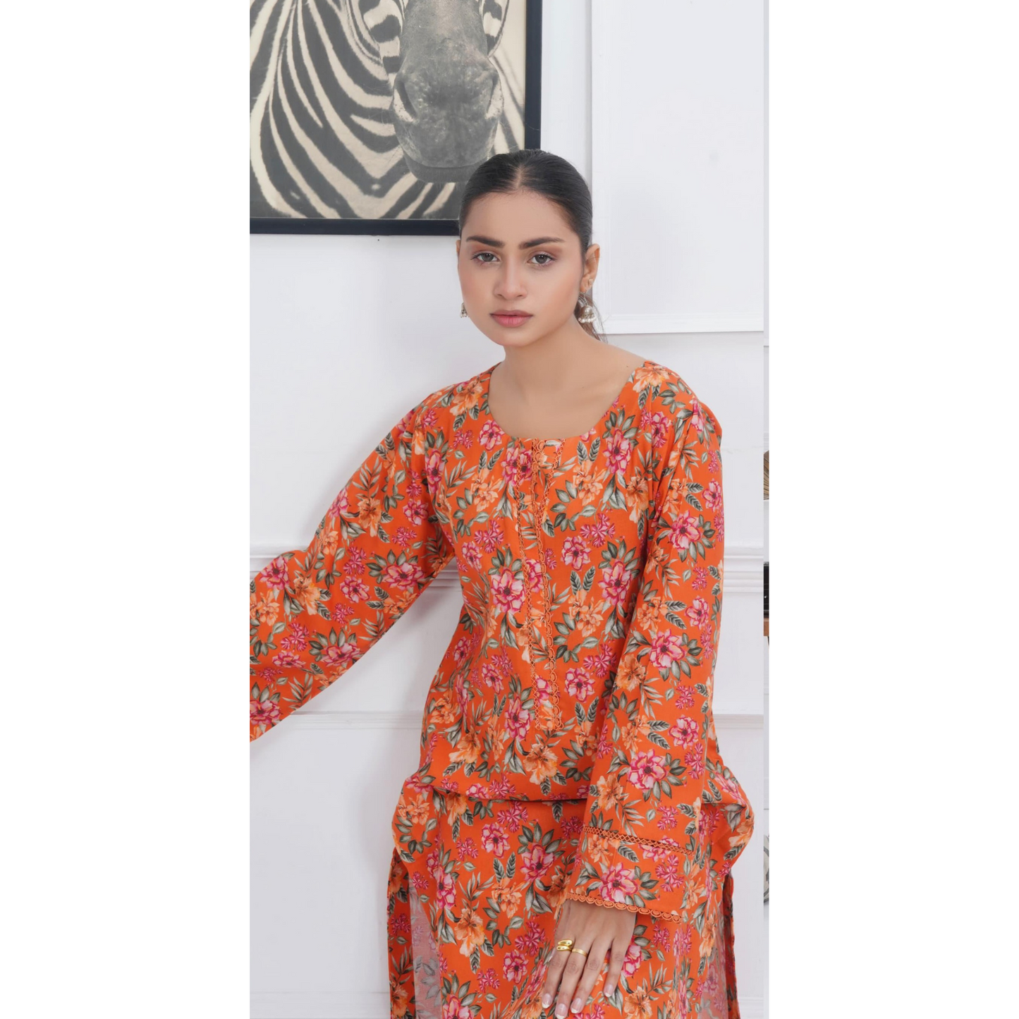 orange 2 Pc floral Printed Khaddar Pakistani Co-Ords Set | Ready to wear| Hayats