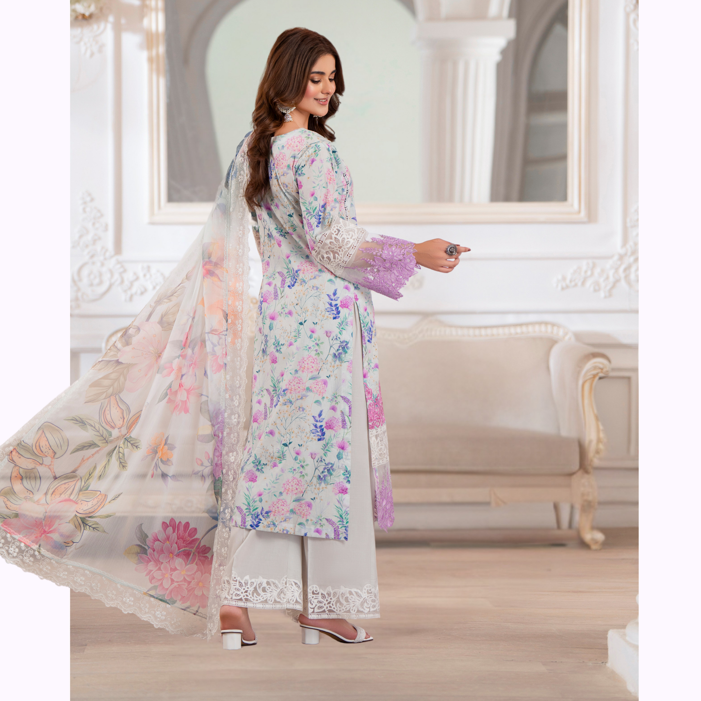 3 Pc Printed Floral Embroidered Trendy farshi Shalwar Collection karma collection