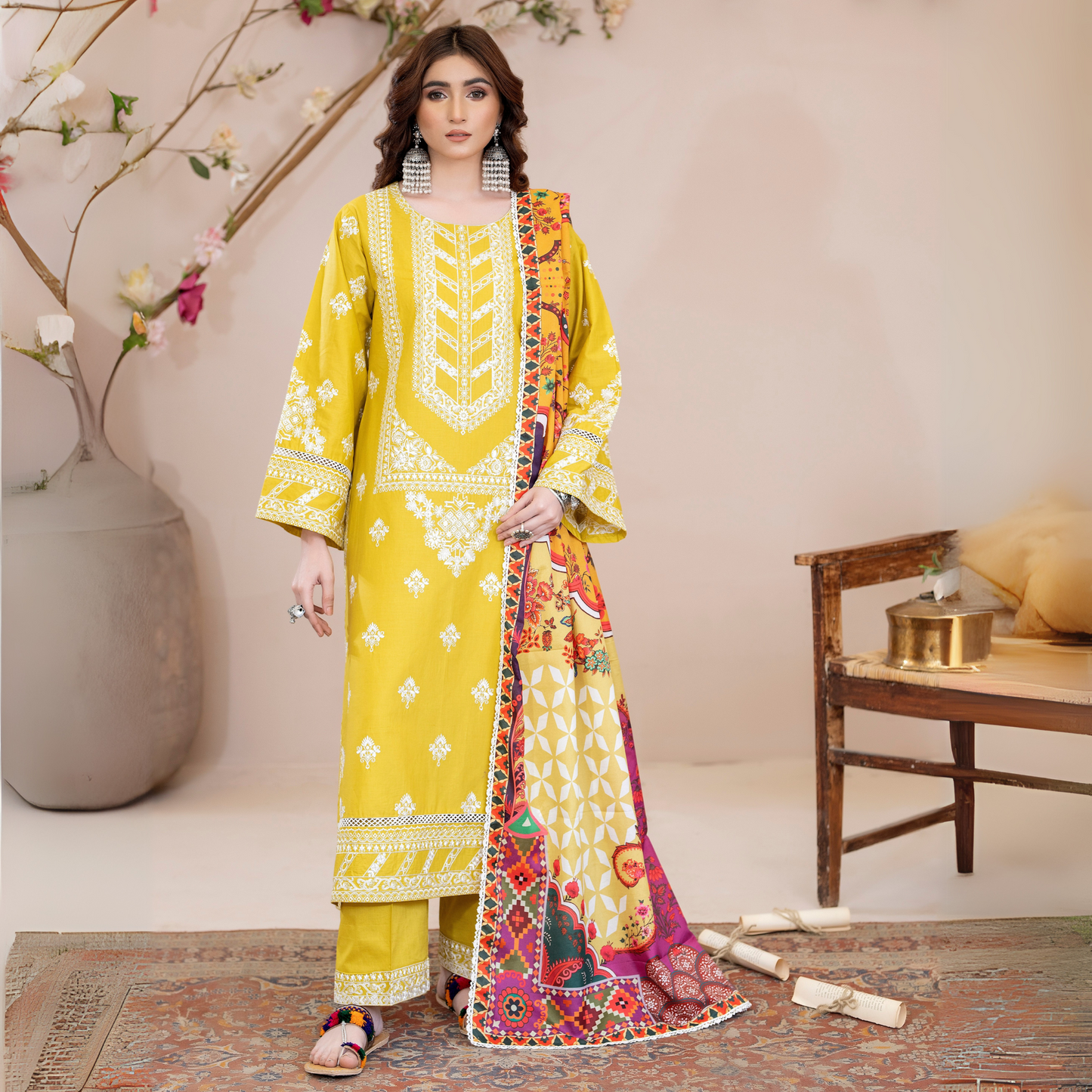 UKC-30 Embroidered Cambric Cotton Dress Ready to Wear 3 Pc - Karma Collection