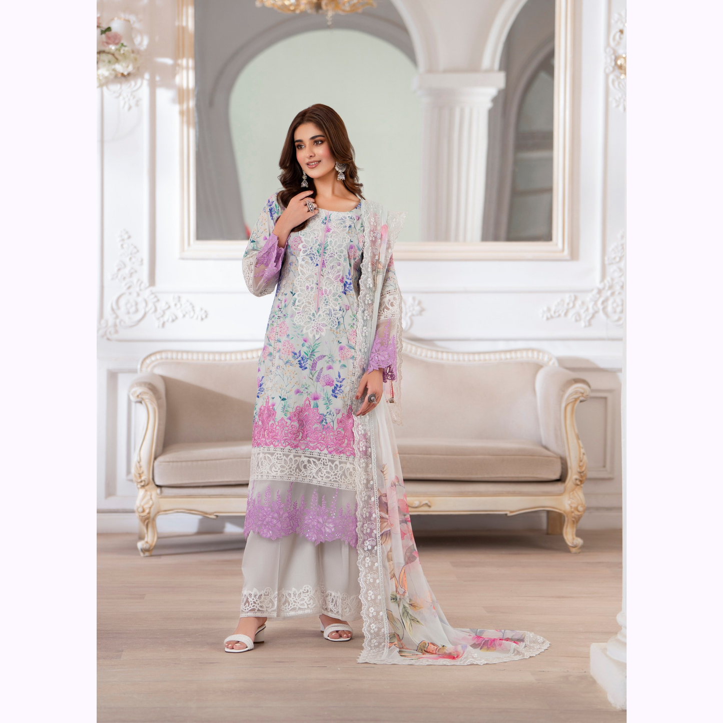3 Pc Printed Floral Embroidered Trendy farshi Shalwar Collection karma collection