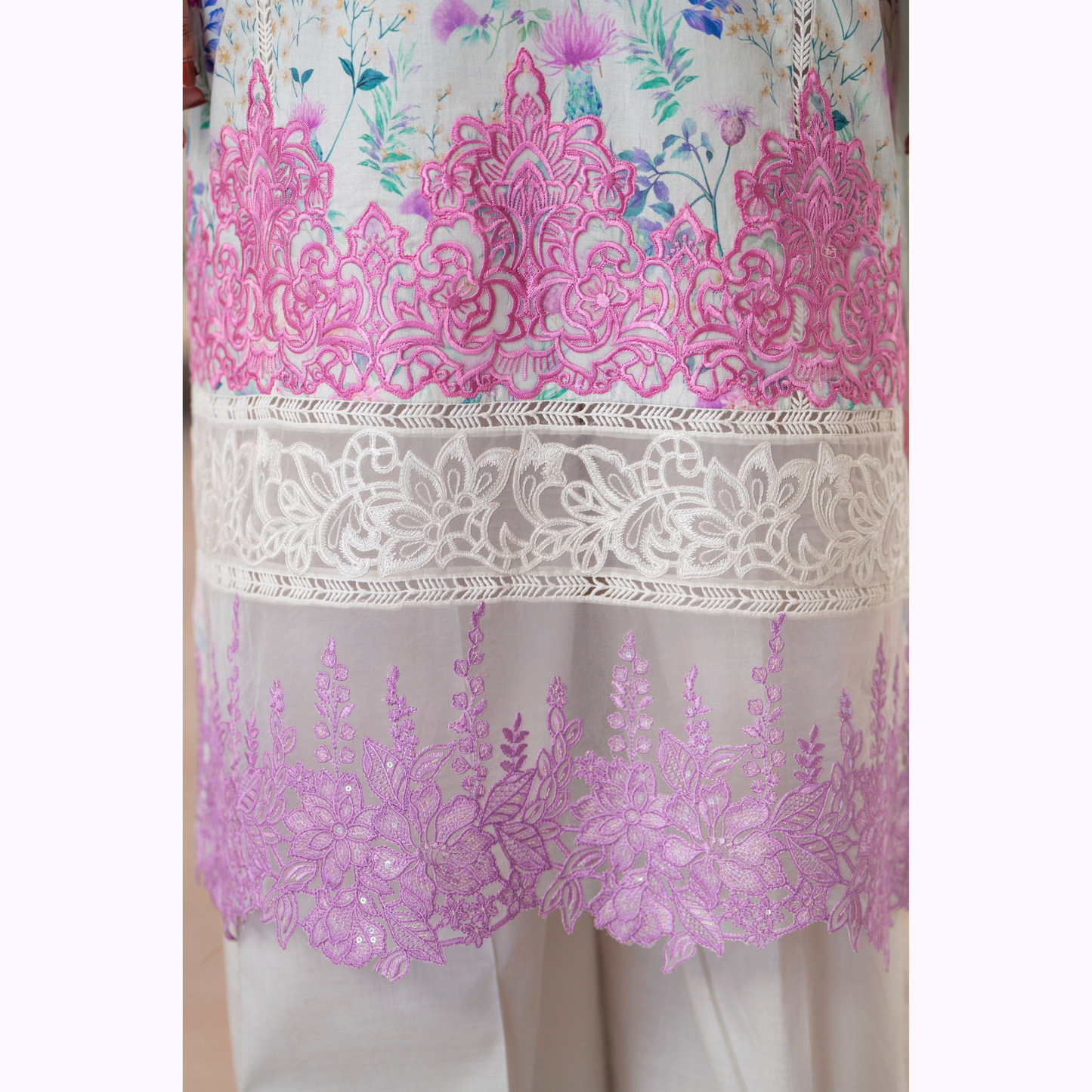 3 Pc Printed Floral Embroidered Trendy farshi Shalwar Collection karma collection