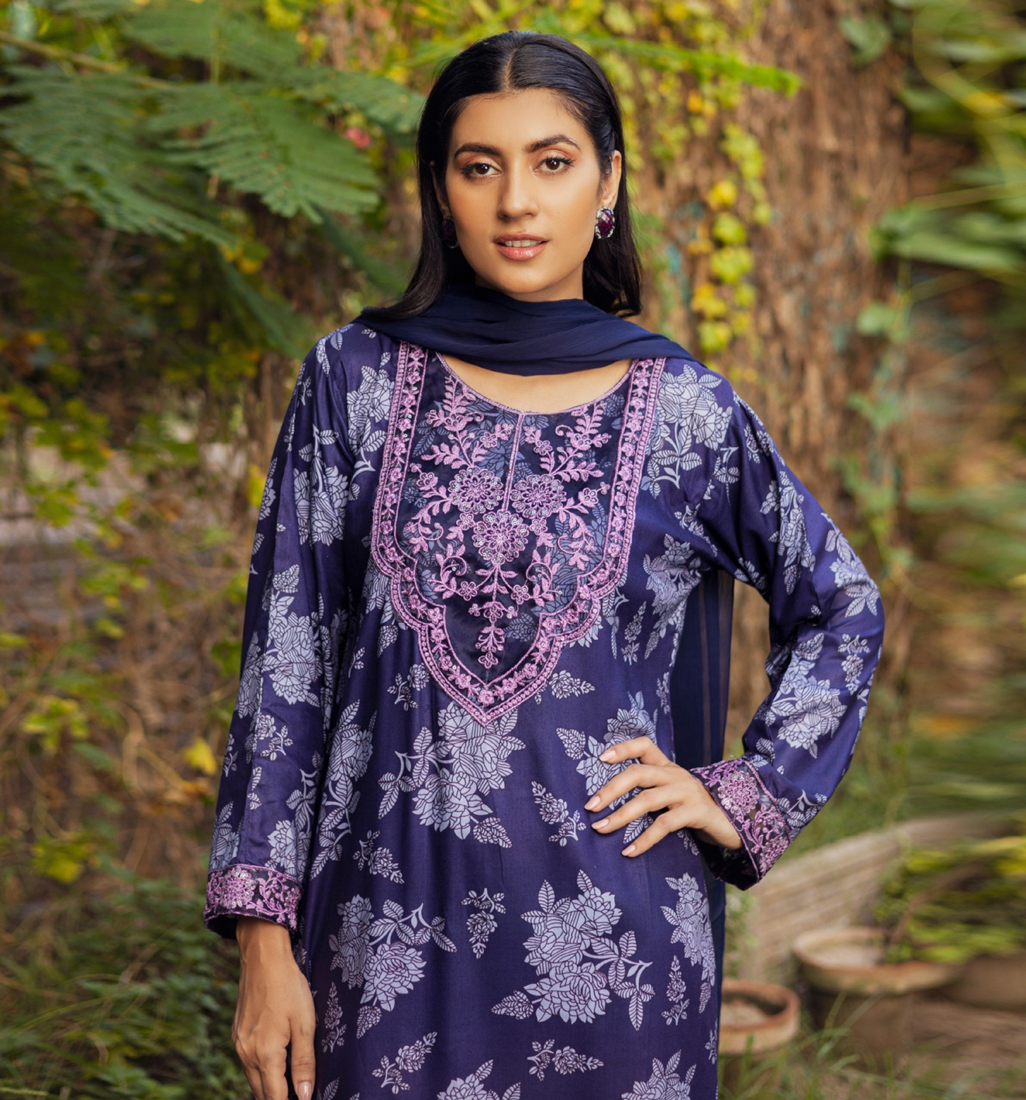 Purple | Printed Linen Shirt & Trouser With Chiffon Dupatta| Ready to Wear 3 Pc dress - Rangz