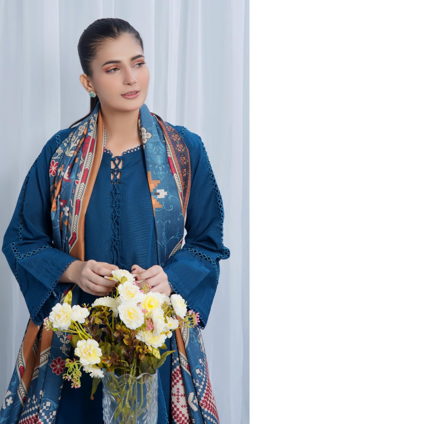 (Blue) Khaddar Dress with Shawl |3 Pc| Winter Collection | Hayats