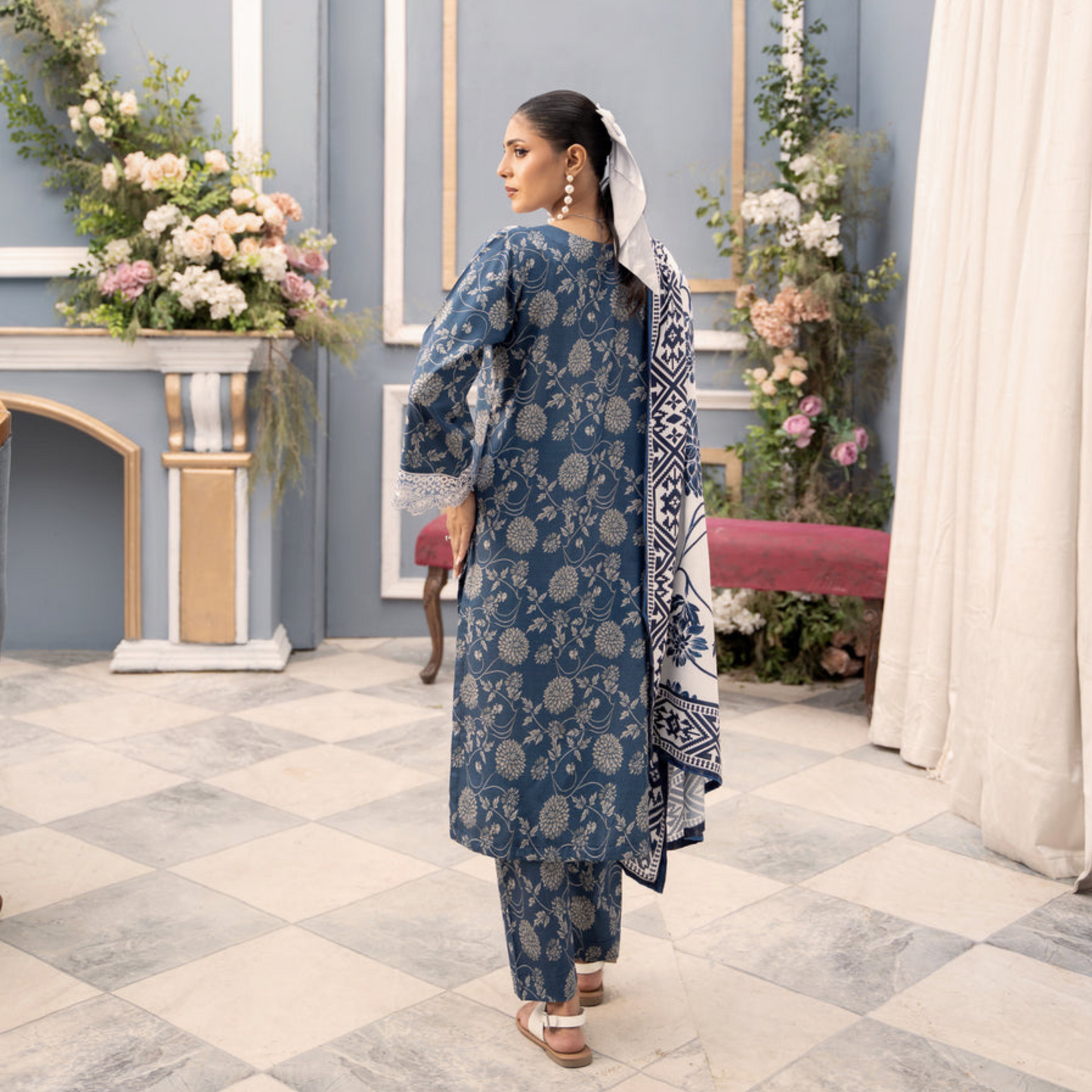 (Blue) Embroidered Printed Dhanak Dress with Dhanak Shawl | Winter Collection | Raniya.h