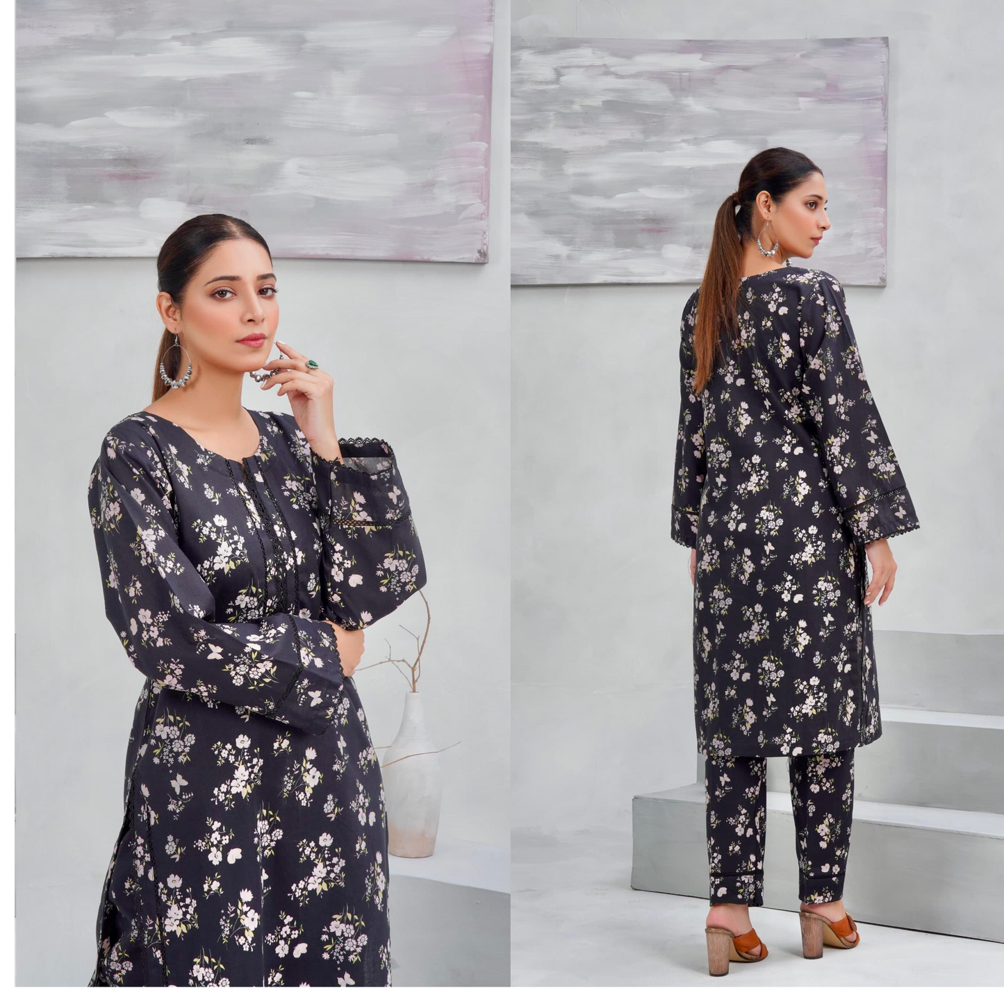 Black 2 Pc floral Printed Khaddar Pakistani Co-Ords Set | Ready to wear| Hayats