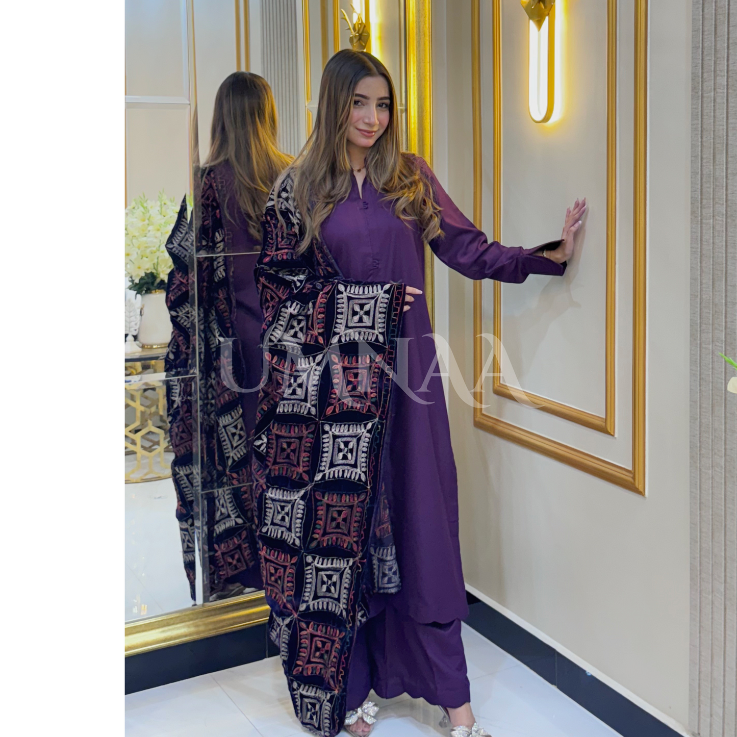 UA-32 Dhanak Dress Embroidered Velvet Shawl 3 Pc | Ready to wear | UMNAA