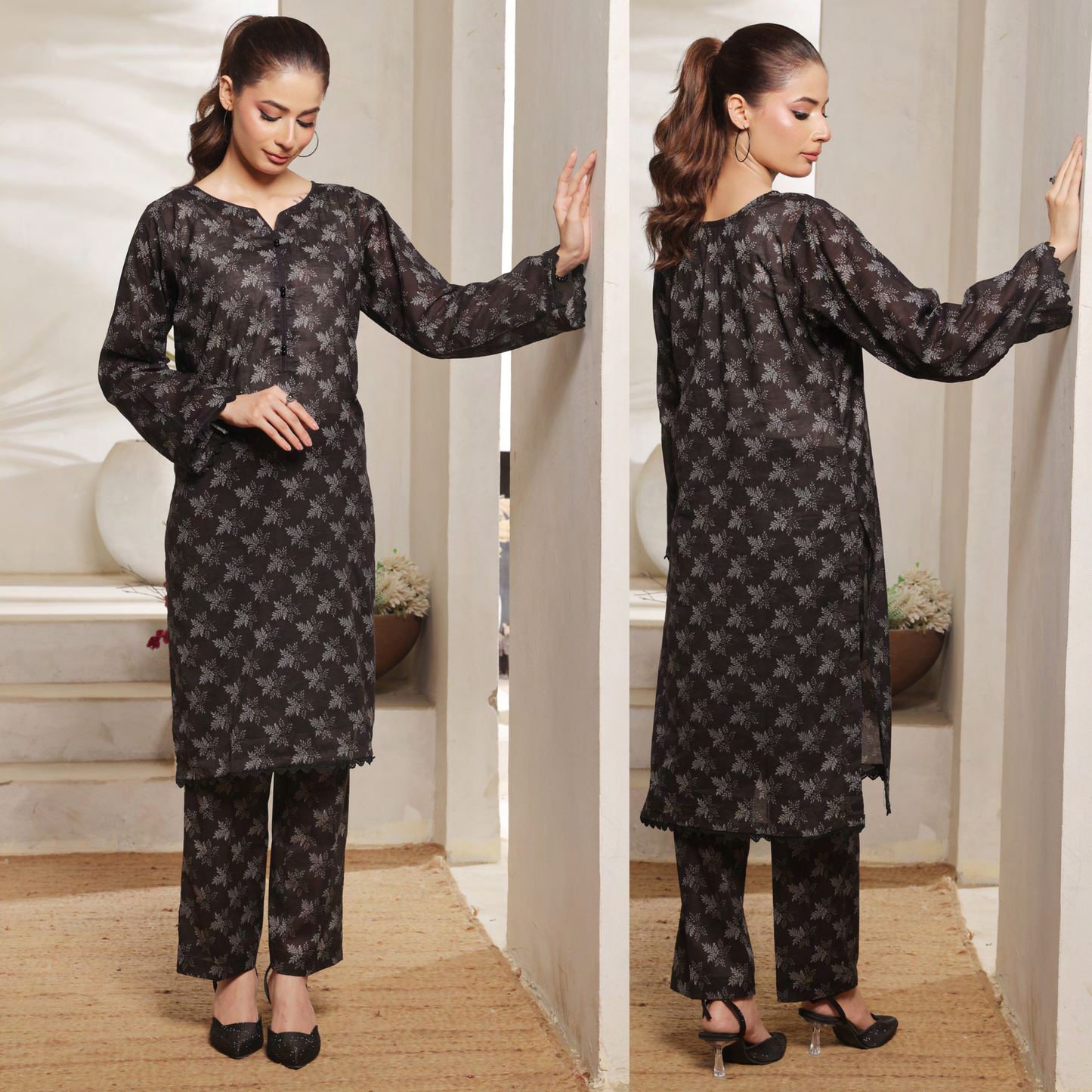 2 Pc Printed Lawn Monochrome Co-Ords Dress - Saphron