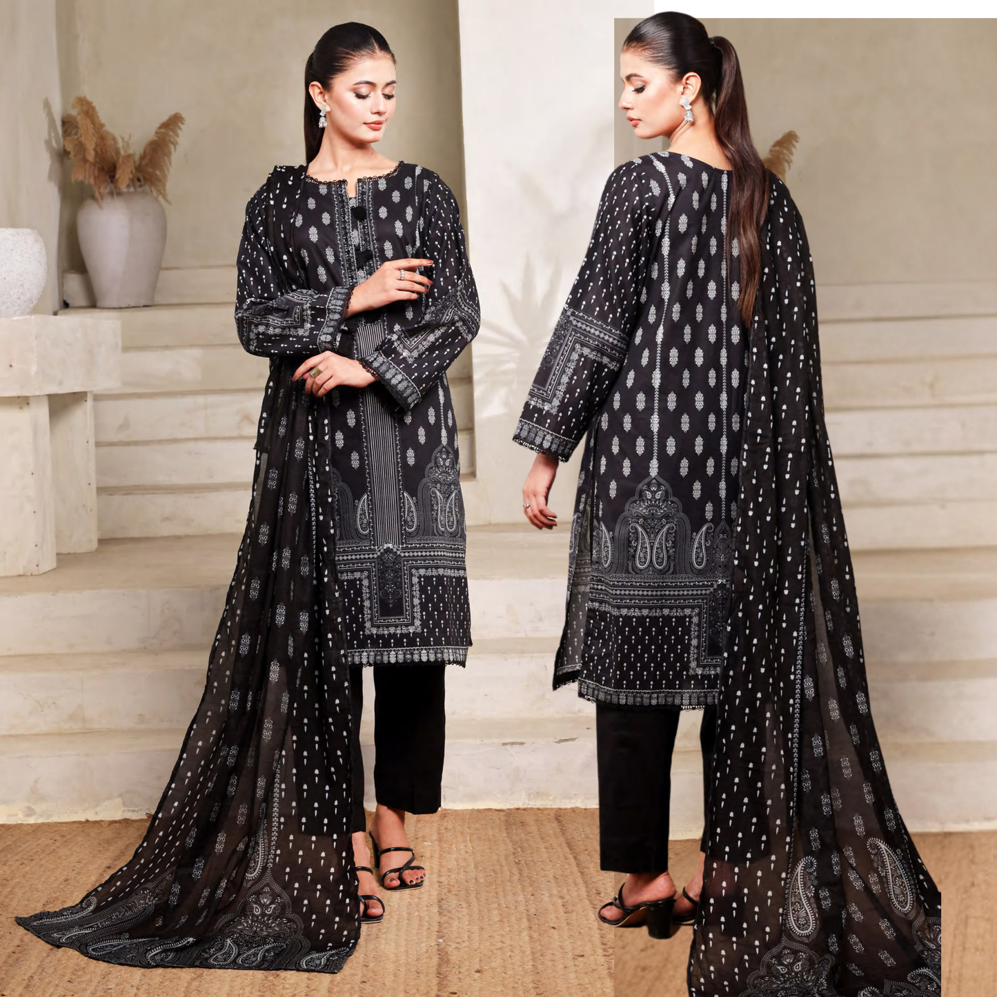 3 Pc Printed Lawn Monochrome Collection - Saphron