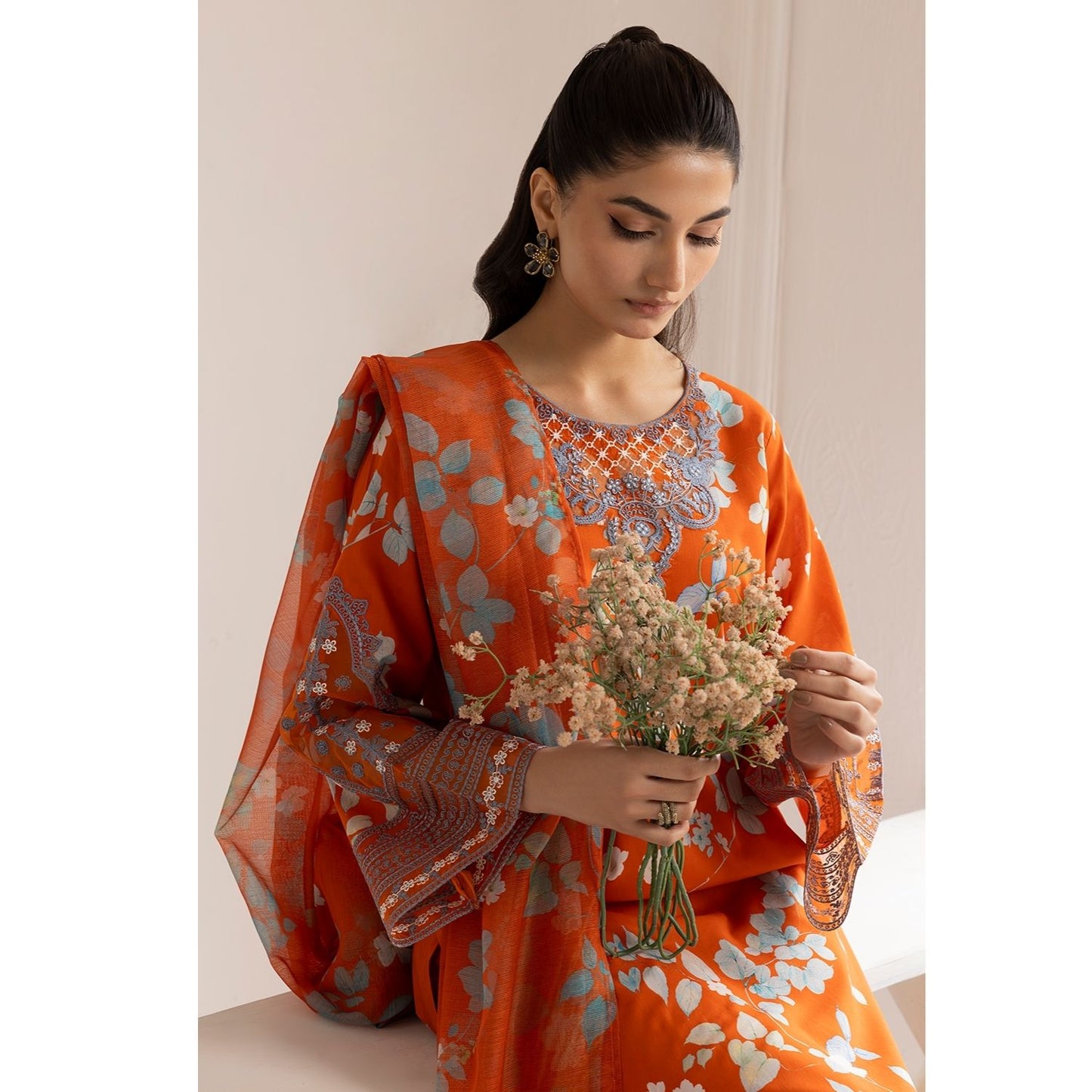 (Orange) 3 Piece "Dastaan" Embroidered Lawn Dress - Esra Fashion