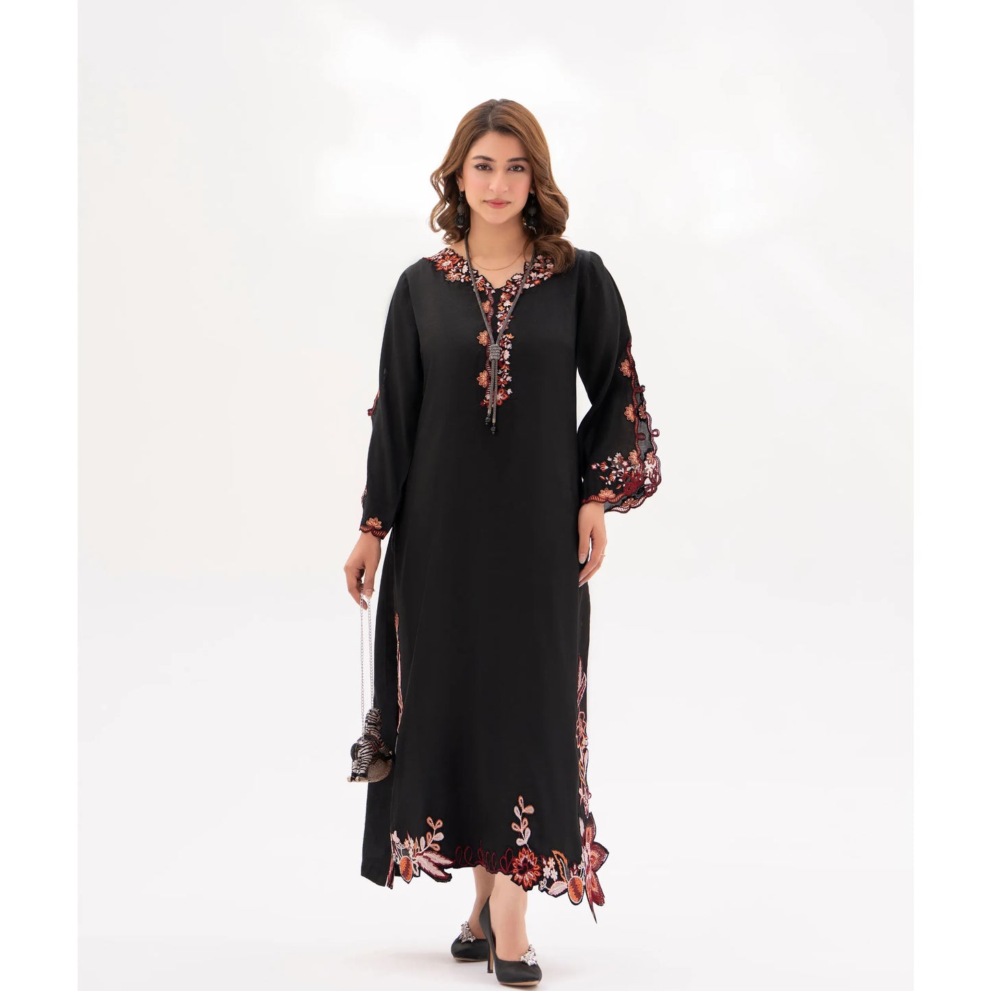 RA-32 MIDNIGHT BLOSSOM Embroidered Raw Silk Long Kaftan Style 2 Piece | Elegant Women's Festive & Formal Wear