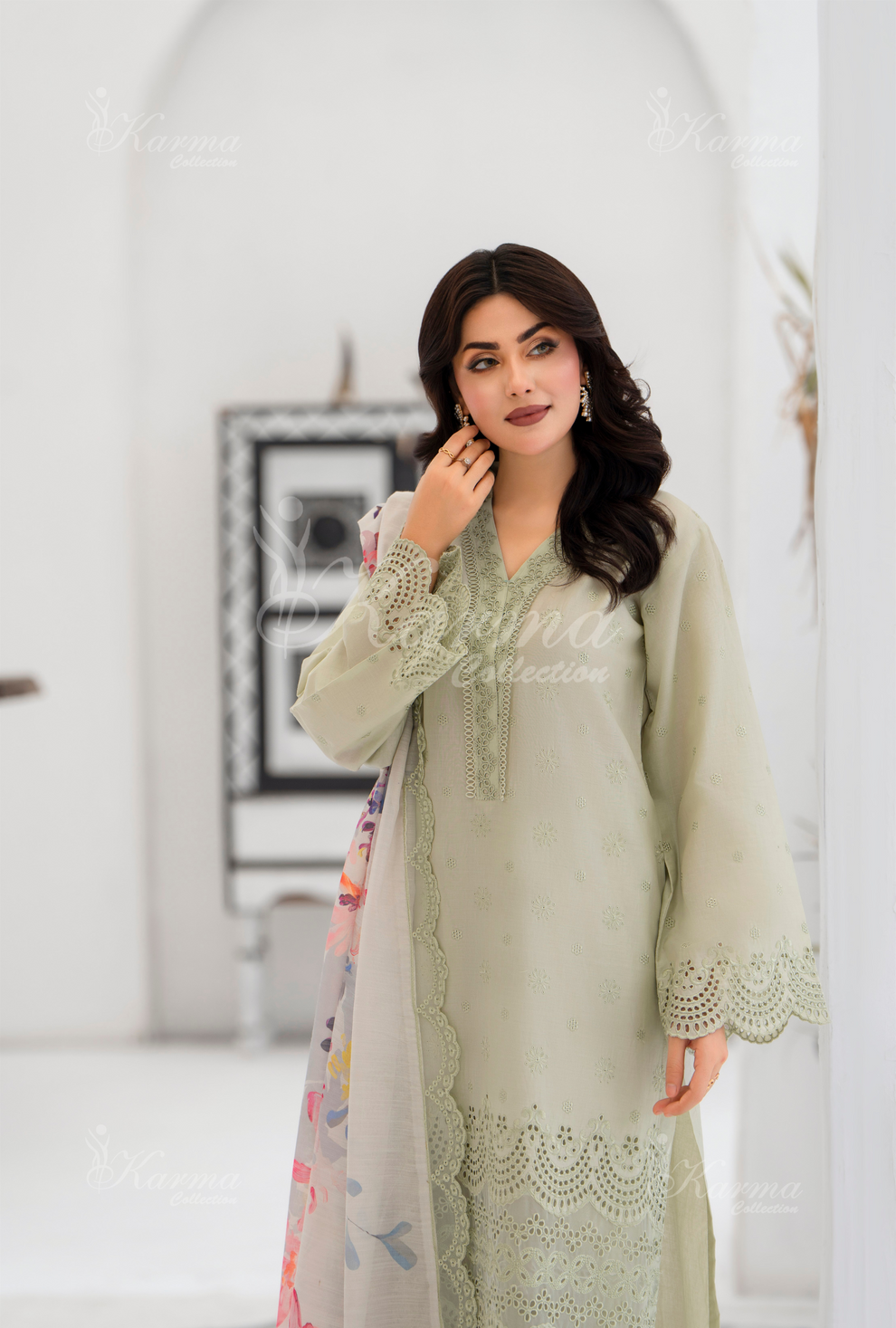 KC- 1386 | Greyish Green | 3 Pc | Chikenkari Cotton Lawn | Karma Collection
