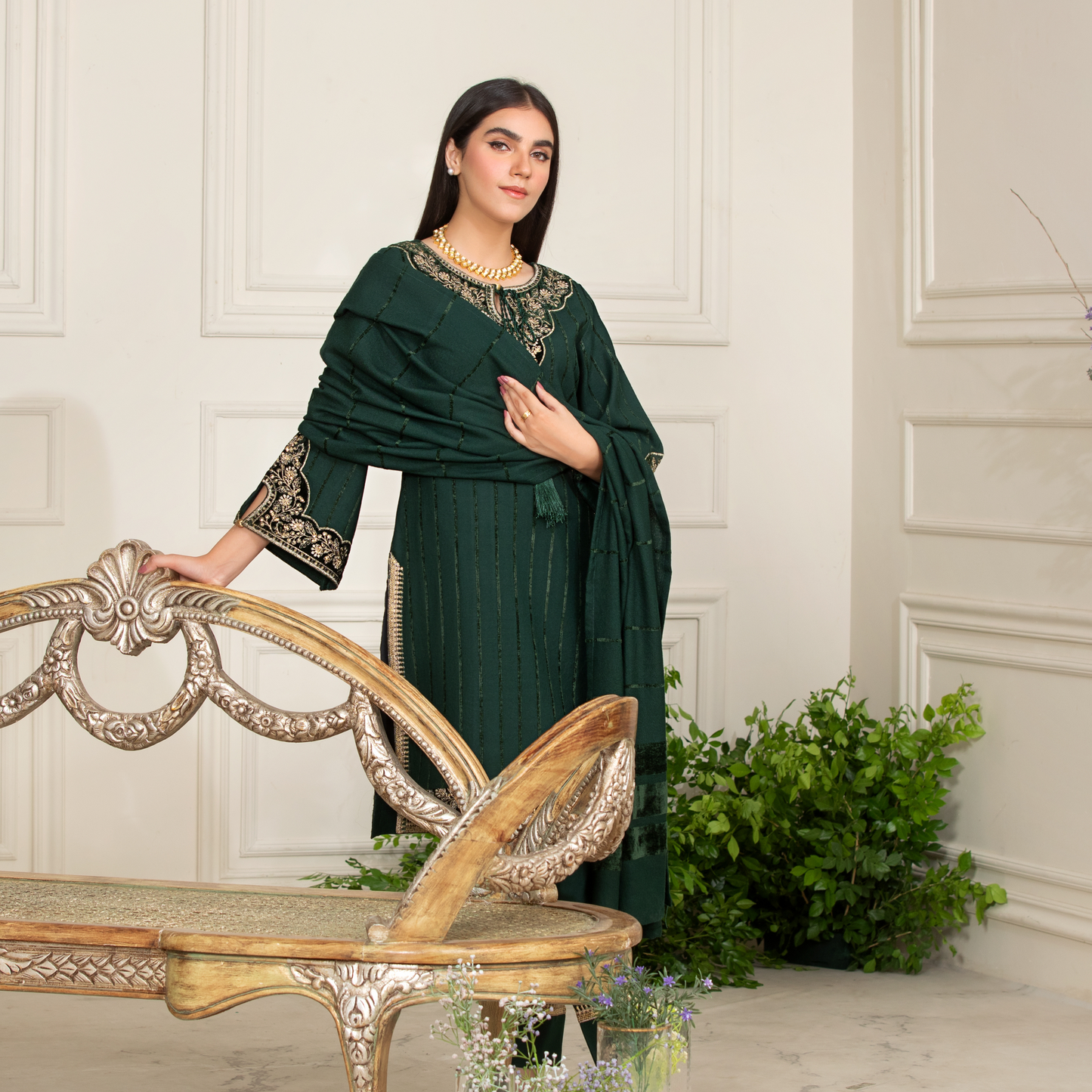 (Green) 3 Pc Embroidered Dhanak Velvet Ready to Wear Dress | Winter Wear | Heera's