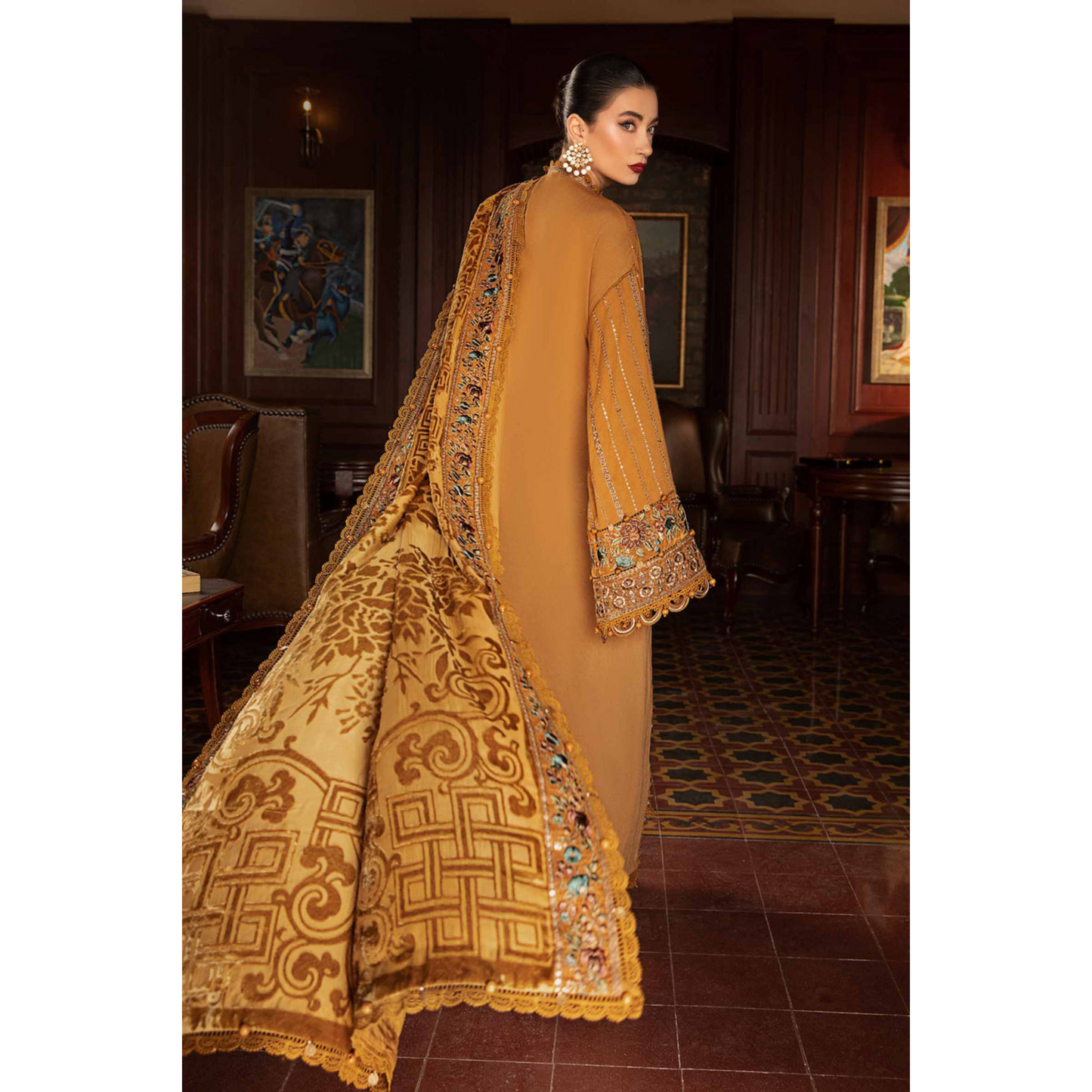 (Mustard) Embroidered Luxury Velvet Linen Suit | 3 Pc | Winter Collection | MARIA.B