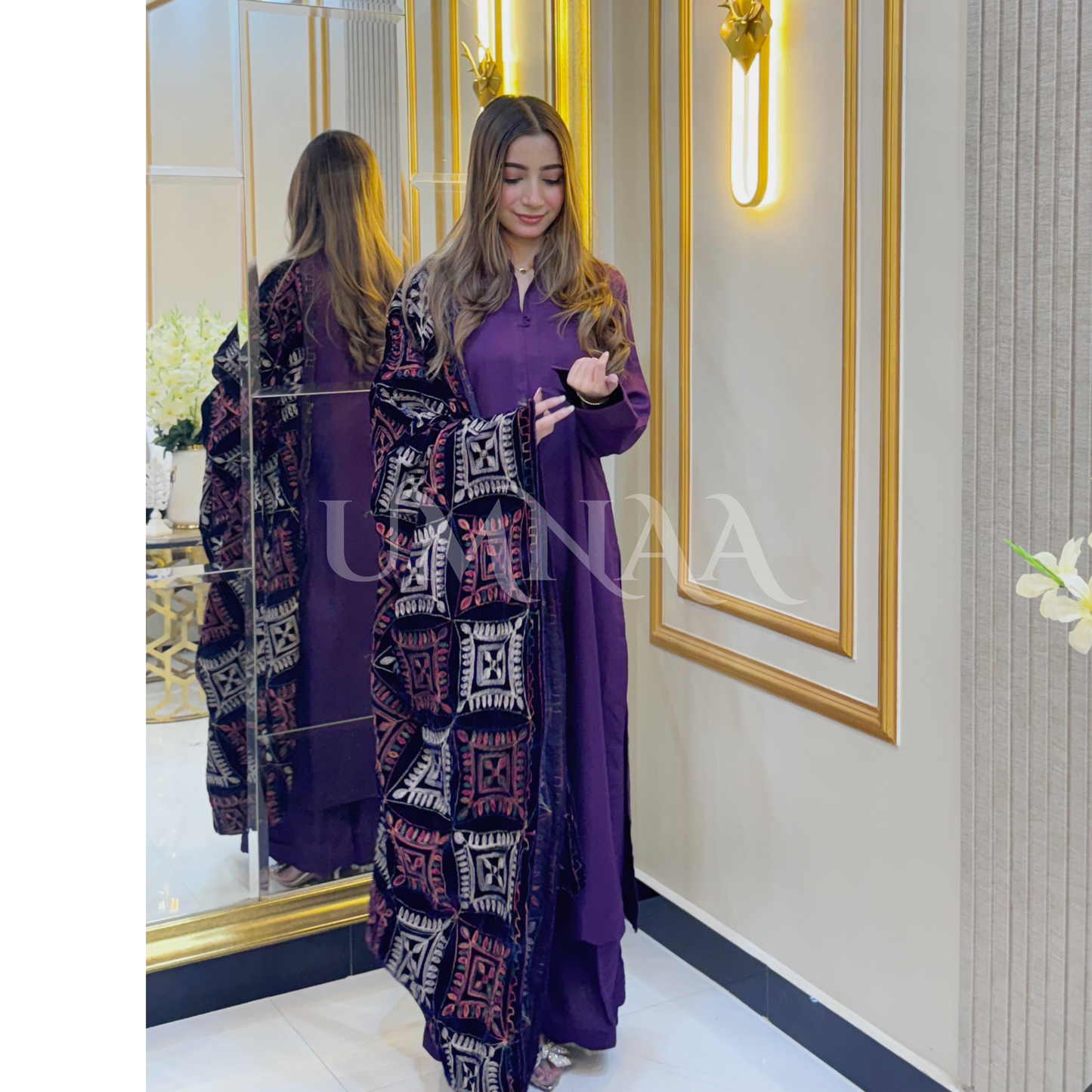 UA-32 Dhanak Dress Embroidered Velvet Shawl 3 Pc | Ready to wear | UMNAA