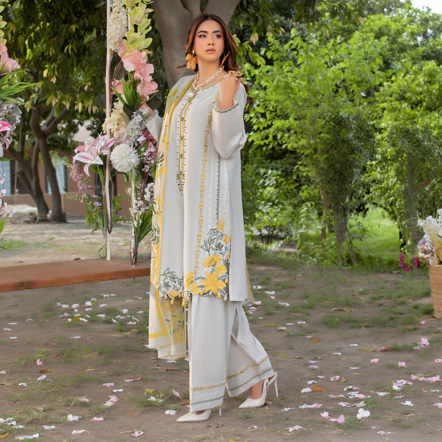 UHE-51 (Beige) 3 Pc Embroidered Cambric Cotton trending Farshi Shalwar ready to wear Dress | Summer Wear | Heera's