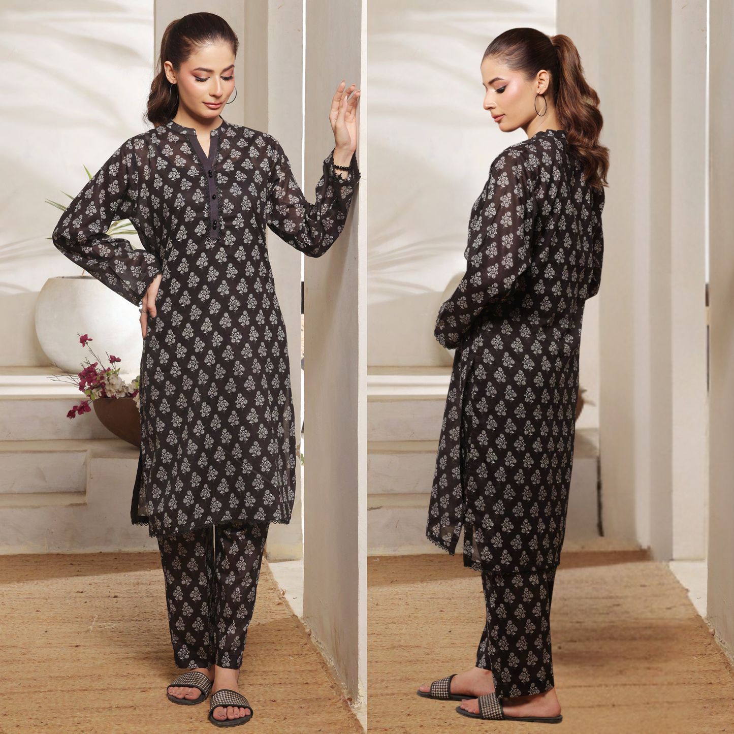 2 Pc Printed Lawn Monochrome Co-Ords Dress - Saphron