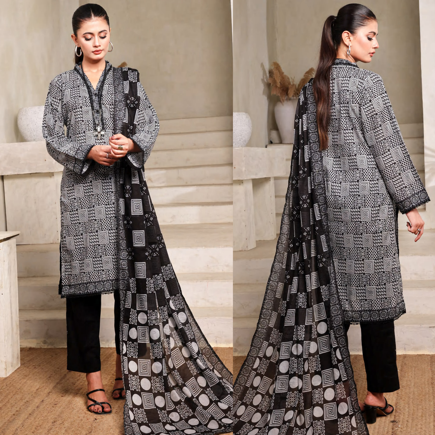 3 Pc Printed Lawn Monochrome Collection - Saphron