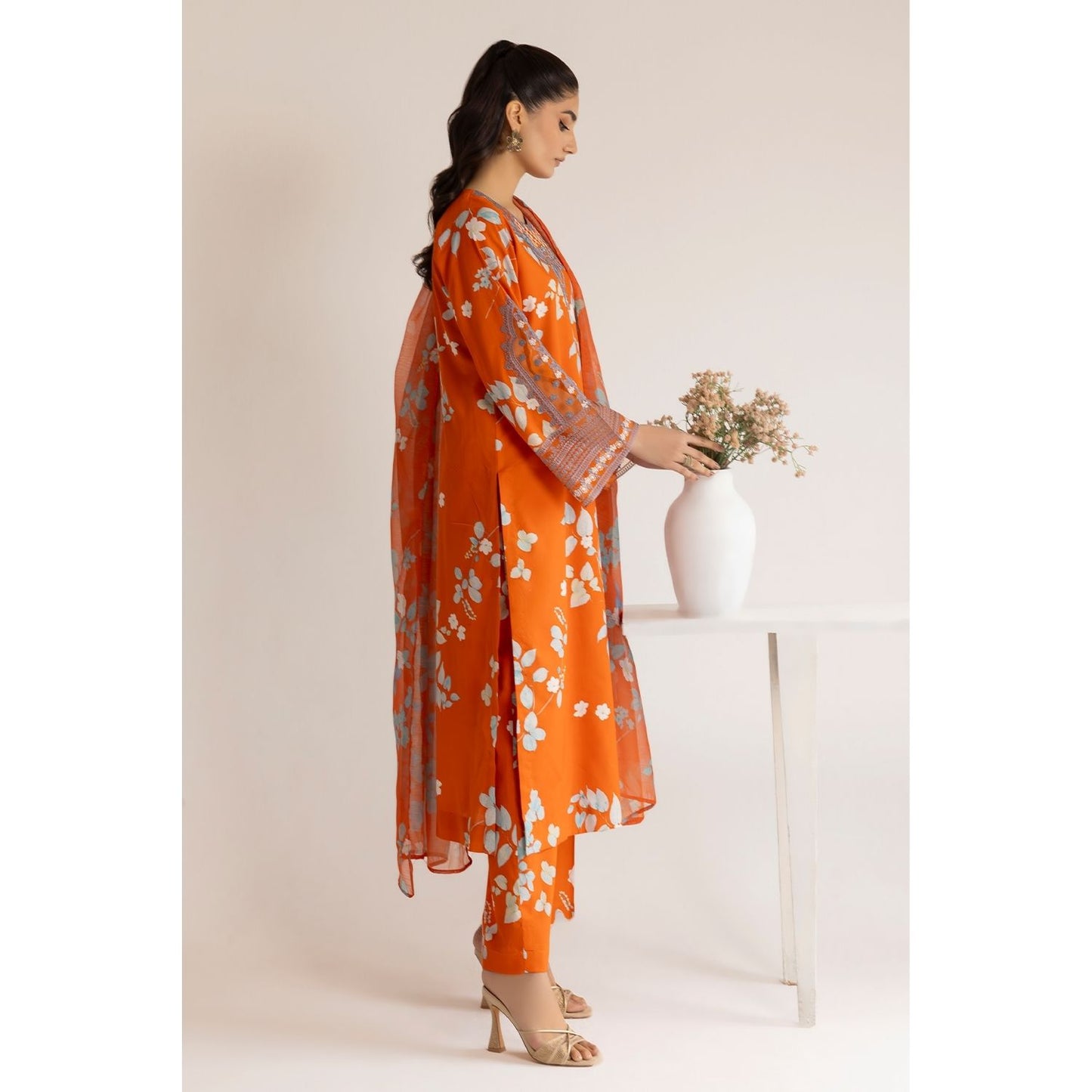 (Orange) 3 Piece "Dastaan" Embroidered Lawn Dress - Esra Fashion